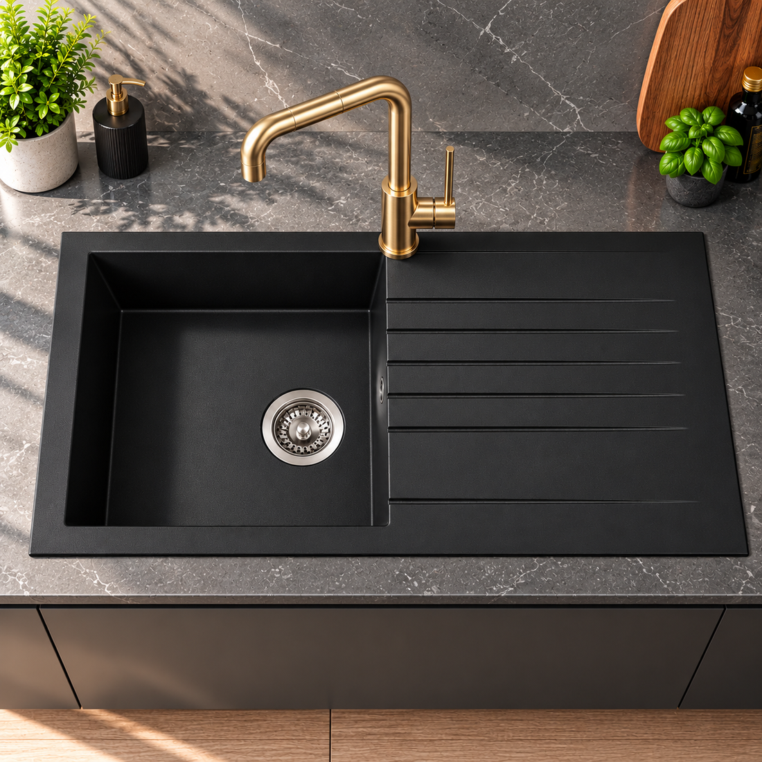 Liquida KAVL860BL 1.0 Bowl Composite Reversible Black Kitchen Sink And Waste Kit