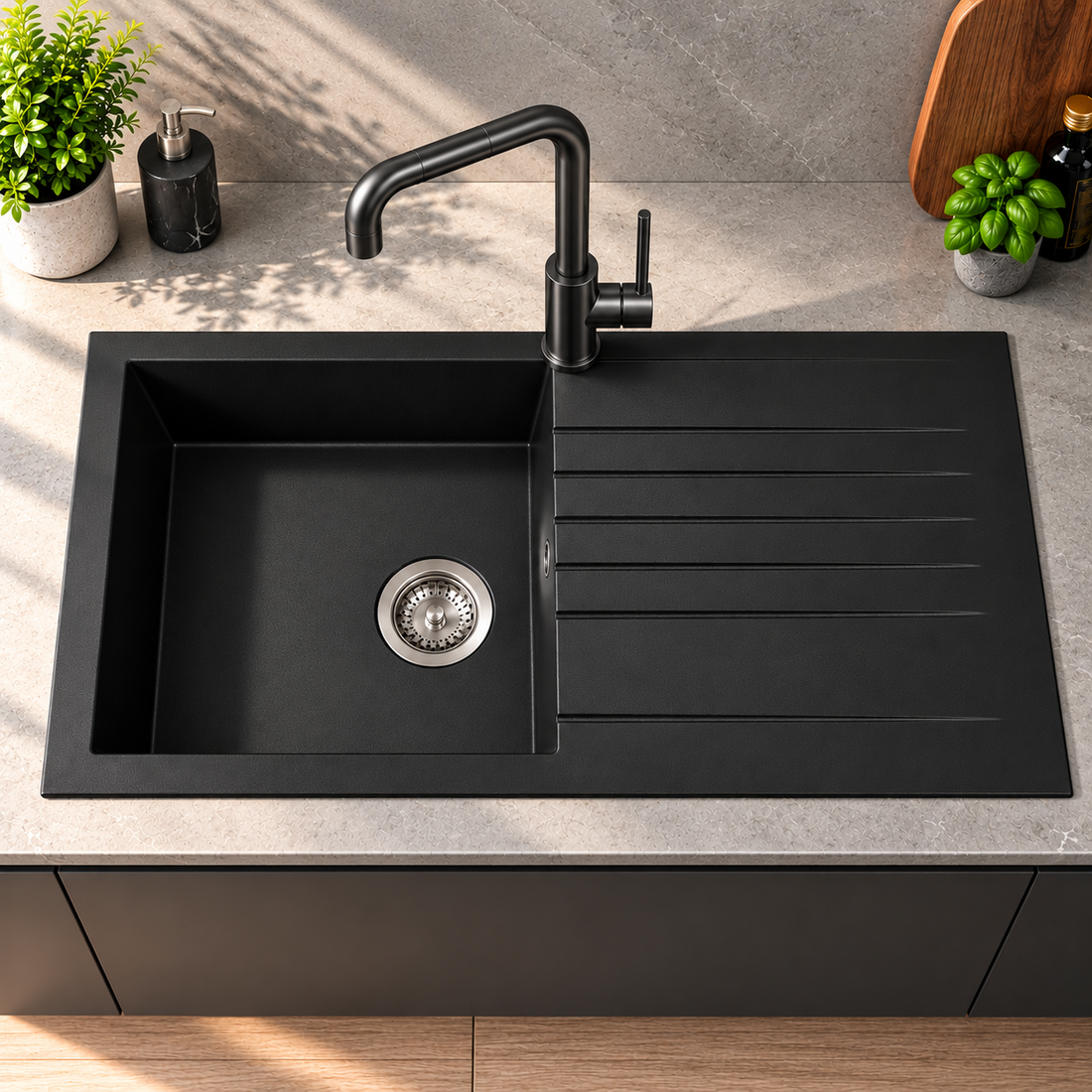 Liquida KAVL860BL 1.0 Bowl Composite Reversible Black Kitchen Sink And Waste Kit