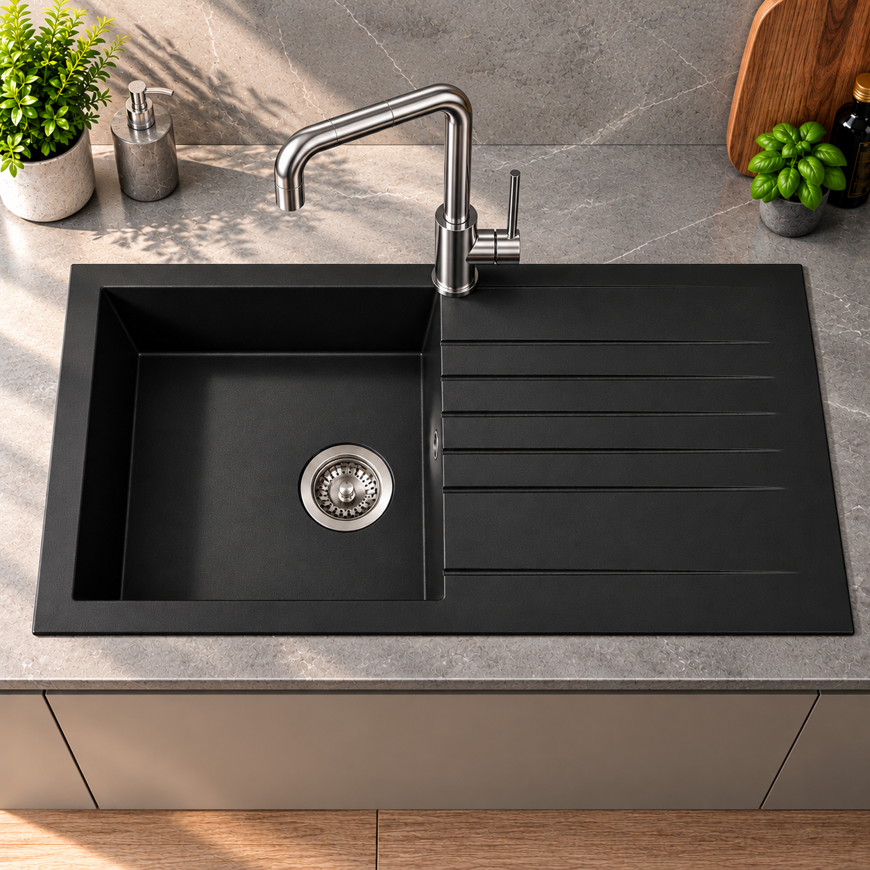 Liquida KAVL860BL 1.0 Bowl Composite Reversible Black Kitchen Sink And Waste Kit