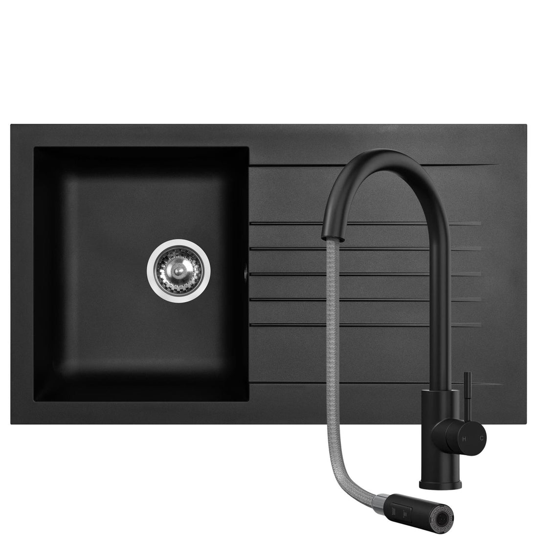 Liquida KAVL860BL 1.0 Bowl Composite Black Kitchen Sink And CT453MB Black Tap