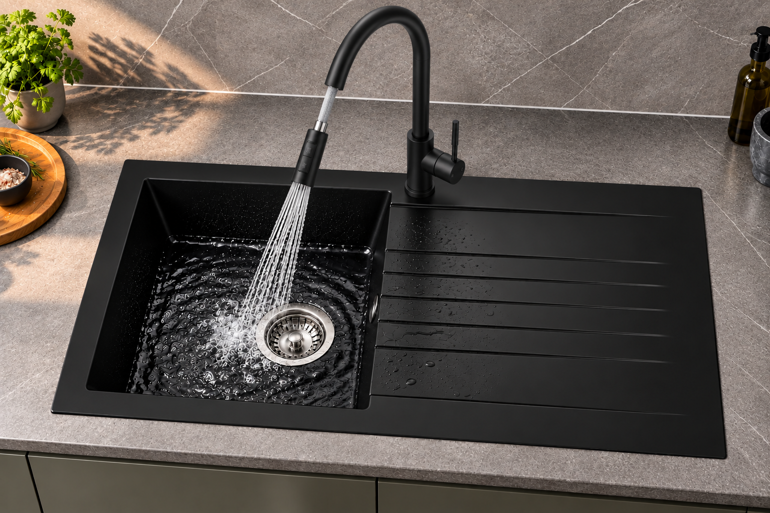 Liquida KAVL860BL 1.0 Bowl Composite Black Kitchen Sink And CT453MB Black Tap
