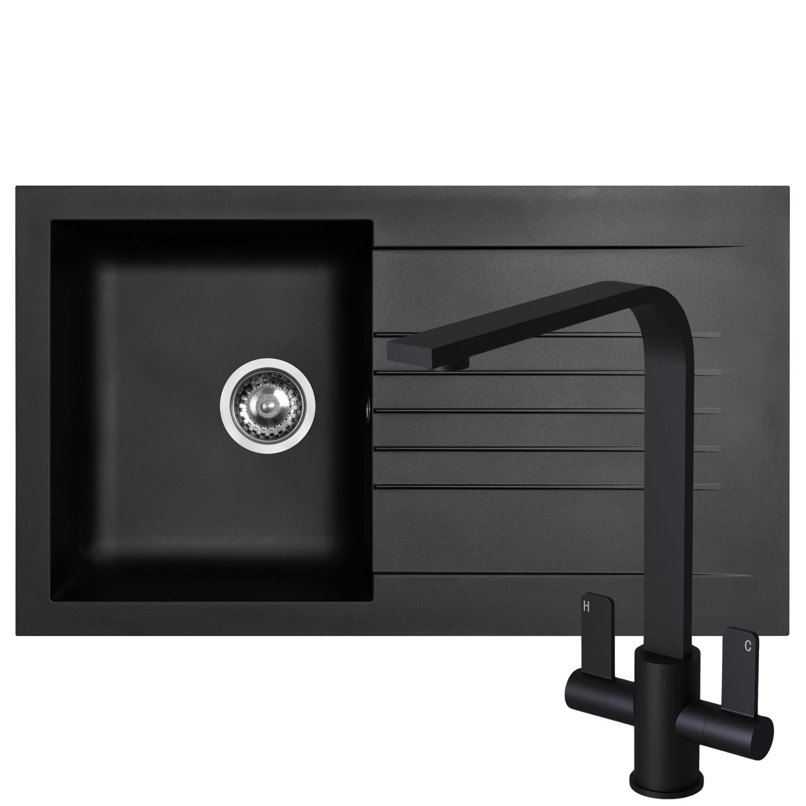 Liquida KAVL860BL 1.0 Bowl Composite Black Kitchen Sink And EB403MB Black Tap