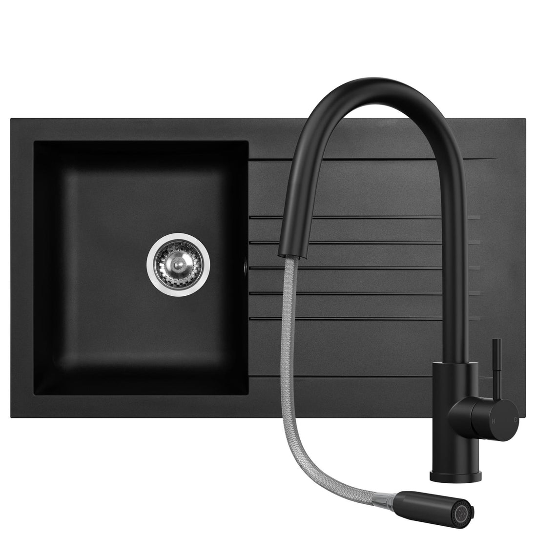 Liquida KAVL860BL 1.0 Bowl Composite Black Kitchen Sink And EPO11MB Black Tap