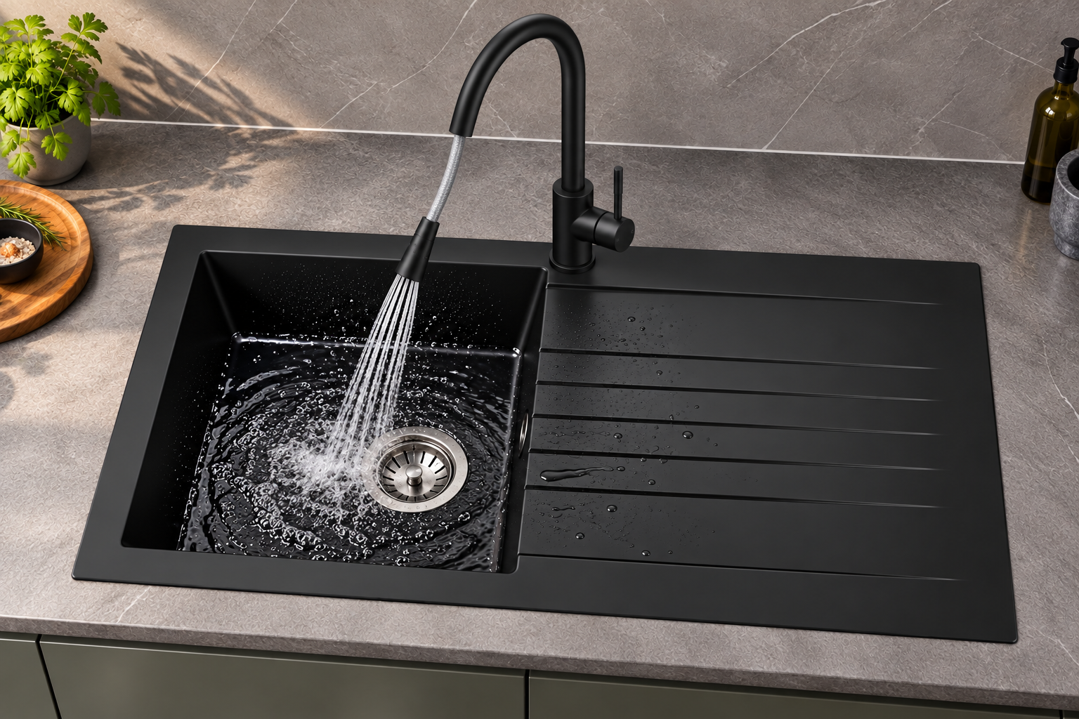 Liquida KAVL860BL 1.0 Bowl Composite Black Kitchen Sink And EB403MB Black Tap