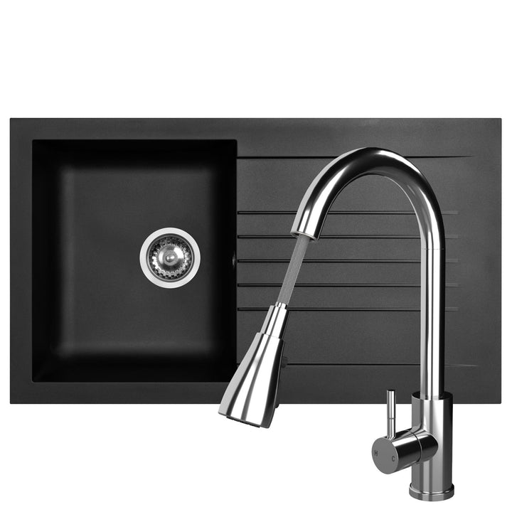 Liquida KAVL860BL 1.0 Bowl Composite Black Kitchen Sink And KPO11CH Chrome Tap