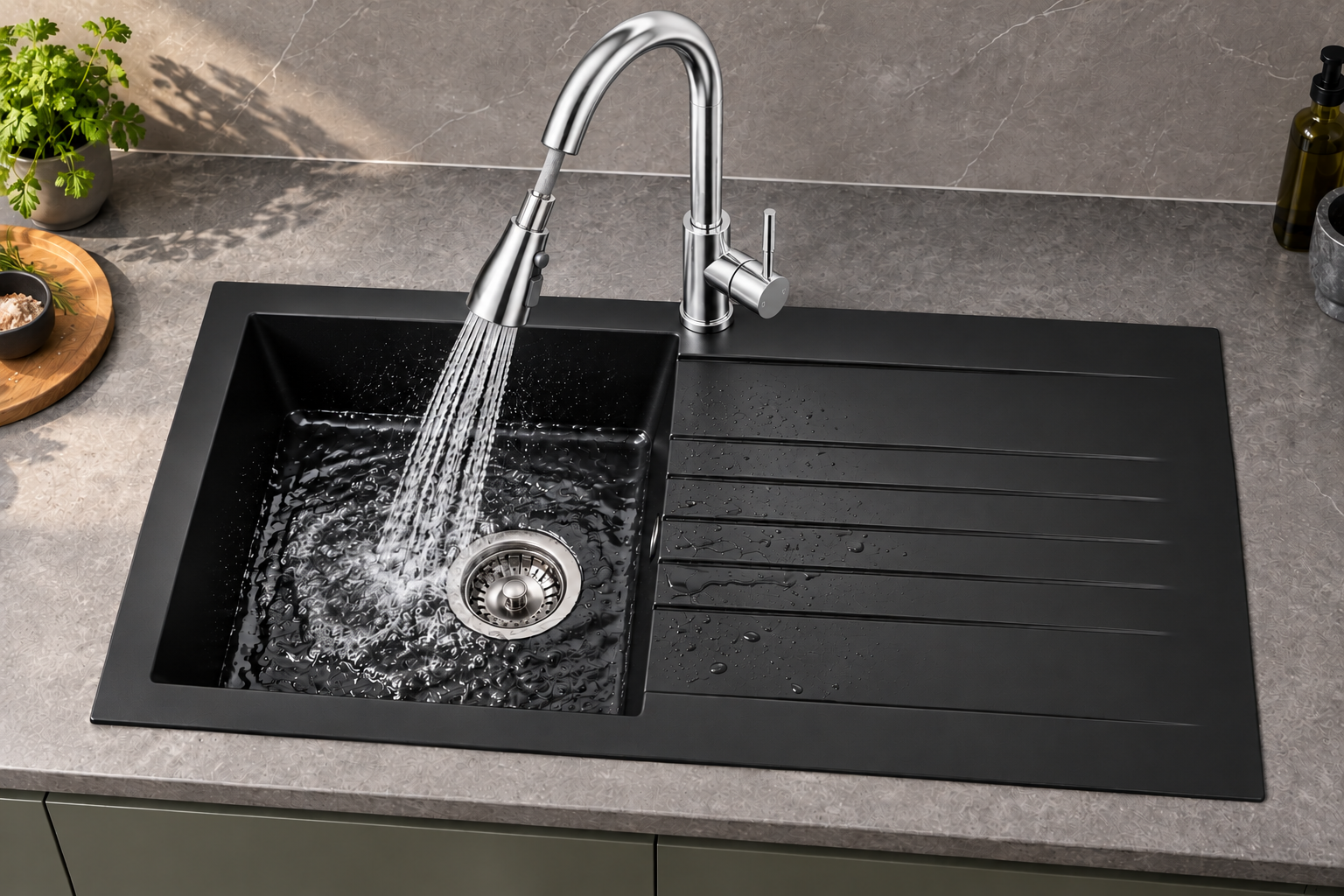 Liquida KAVL860BL 1.0 Bowl Composite Black Kitchen Sink And KPO11CH Chrome Tap