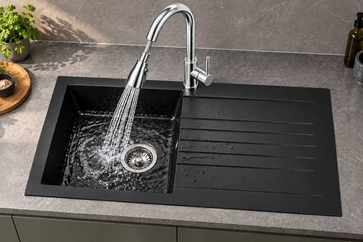 Liquida KAVL860BL 1.0 Bowl Composite Black Kitchen Sink And KPO11CH Chrome Tap