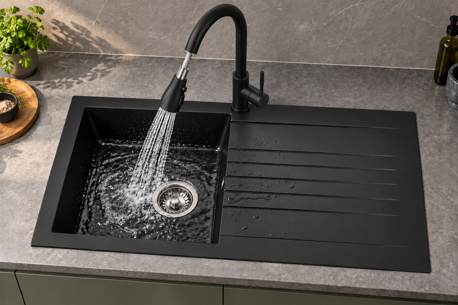 Liquida KAVL860BL 1.0 Bowl Composite Black Kitchen Sink And KPO11MB Black Tap