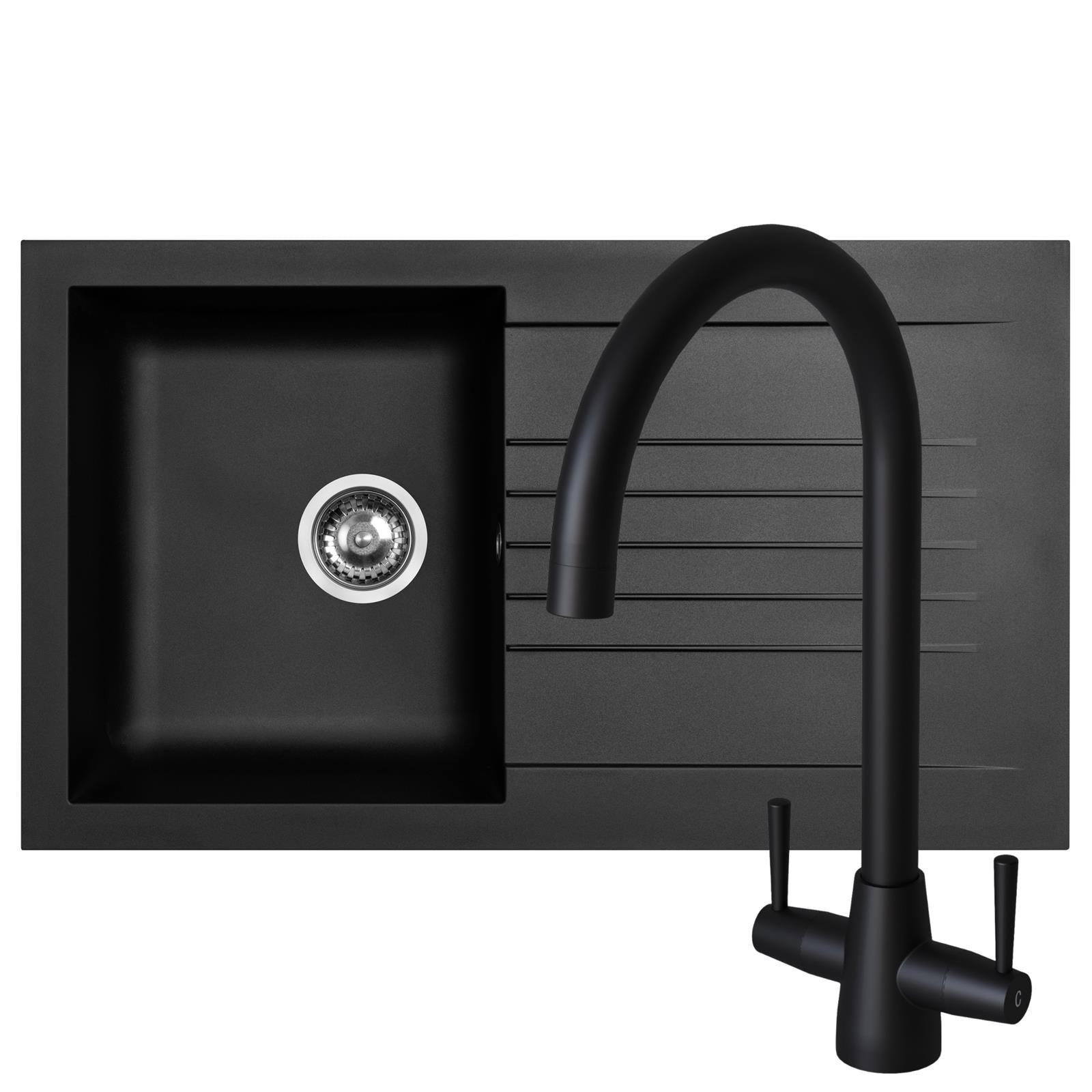 Liquida KAVL860BL 1.0 Bowl Composite Black Kitchen Sink And LU408MB Black Tap