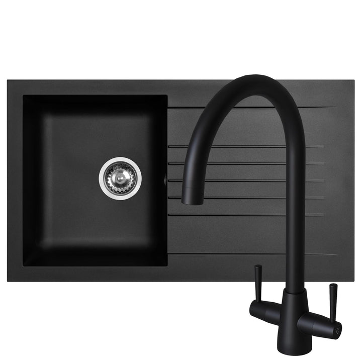 Liquida KAVL860BL 1.0 Bowl Composite Black Kitchen Sink And LU408MB Black Tap