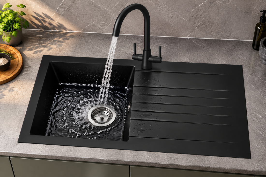 Liquida KAVL860BL 1.0 Bowl Composite Black Kitchen Sink And LU408MB Black Tap