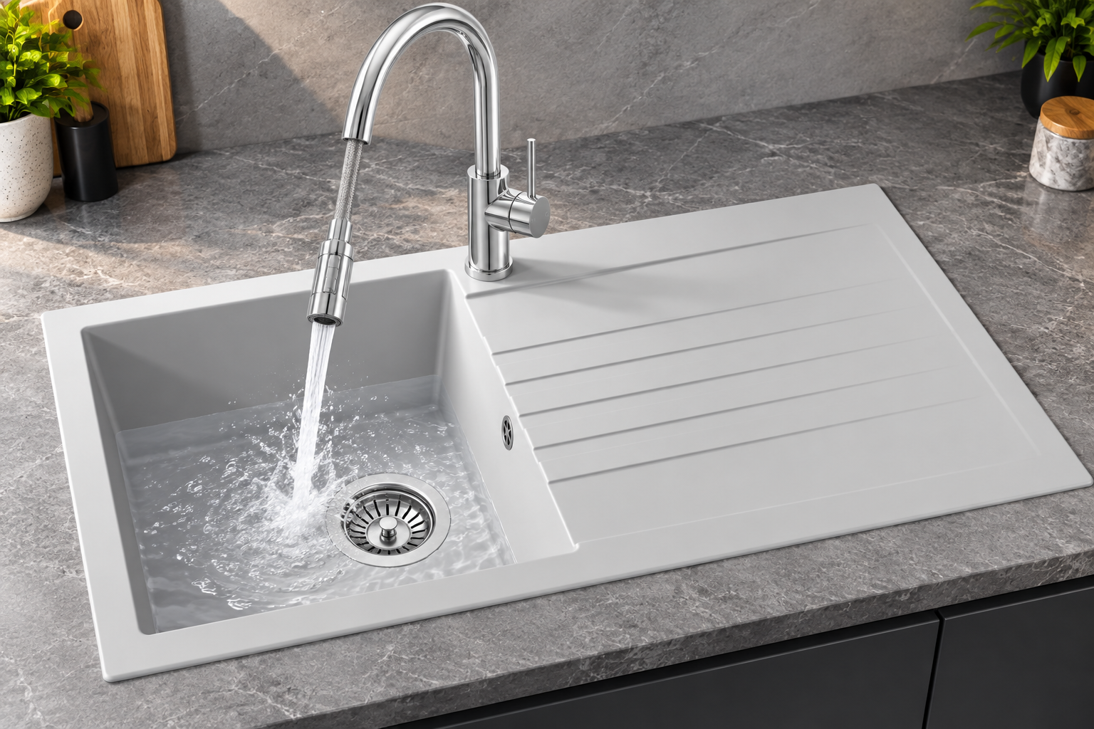 Liquida KAVL860WH 1.0 Bowl Composite Reversible White Kitchen Sink And Waste Kit