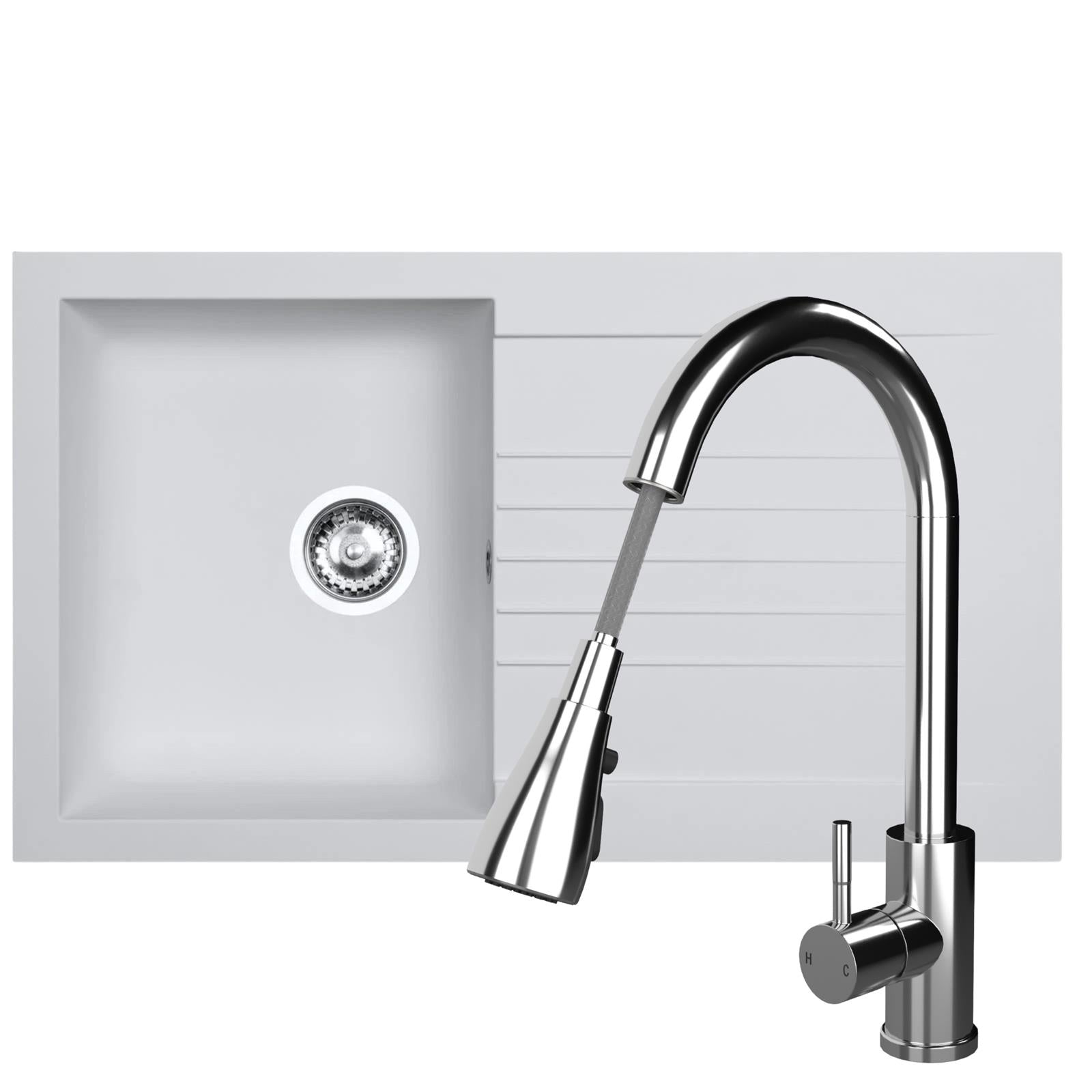 Liquida KAVL860WH 1.0 Bowl Composite White Kitchen Sink And KPO11CH Chrome Tap