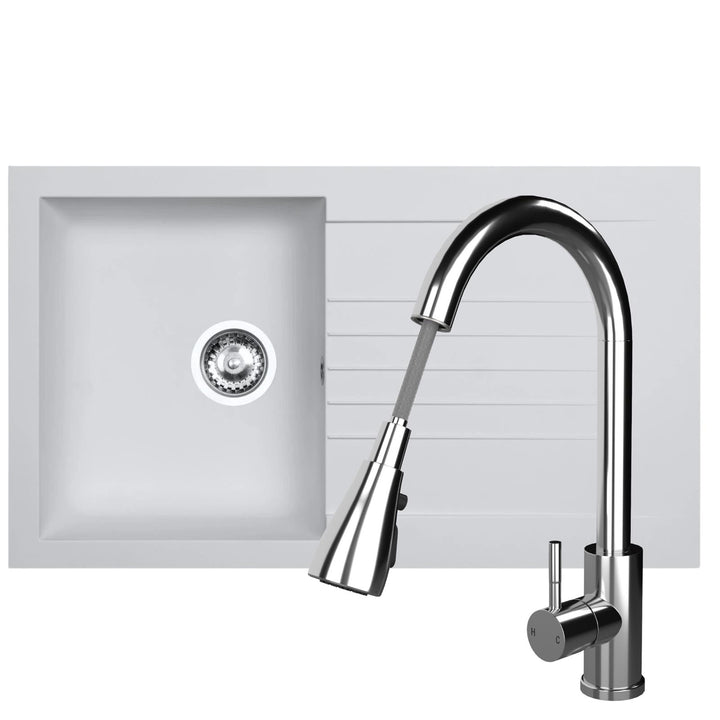 Liquida KAVL860WH 1.0 Bowl Composite White Kitchen Sink And KPO11CH Chrome Tap