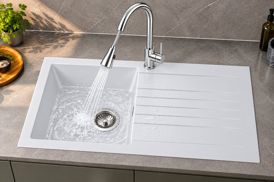 Liquida KAVL860WH 1.0 Bowl Composite Reversible White Kitchen Sink And Waste Kit