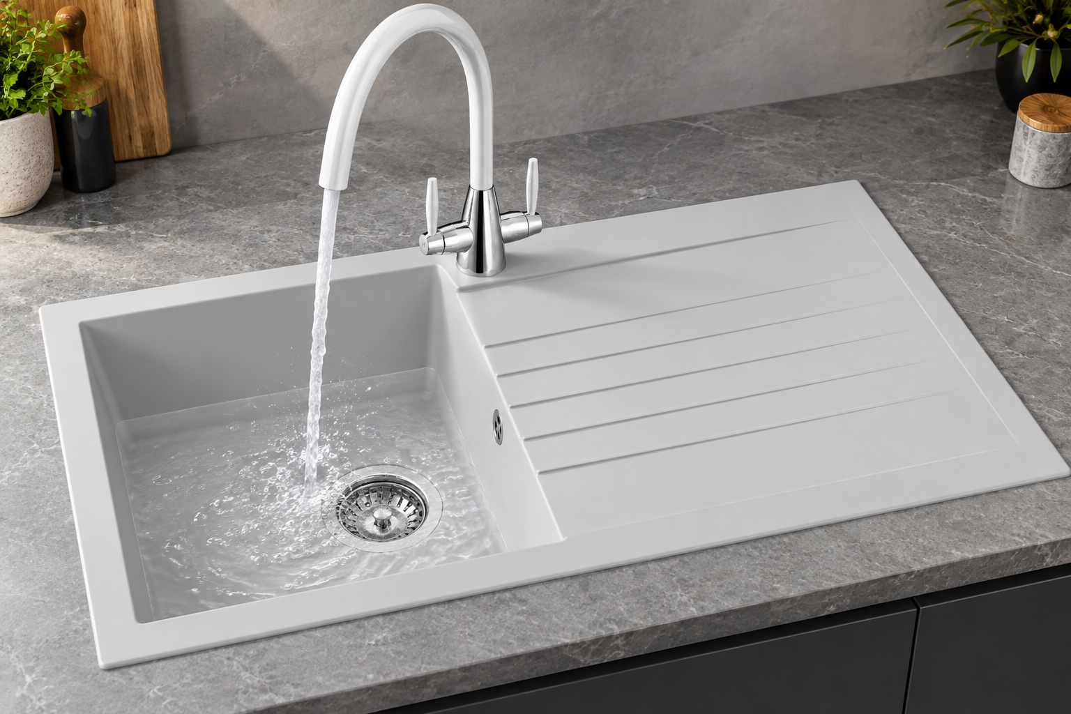 Liquida KAVL860WH 1.0 Bowl Composite Reversible White Kitchen Sink And Waste Kit