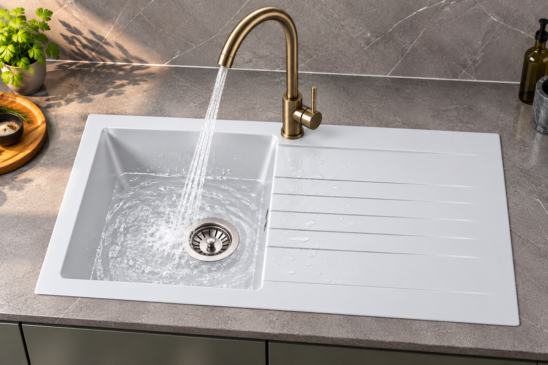 Liquida KAVL860WH 1.0 Bowl Composite White Kitchen Sink And KPO11CH Chrome Tap