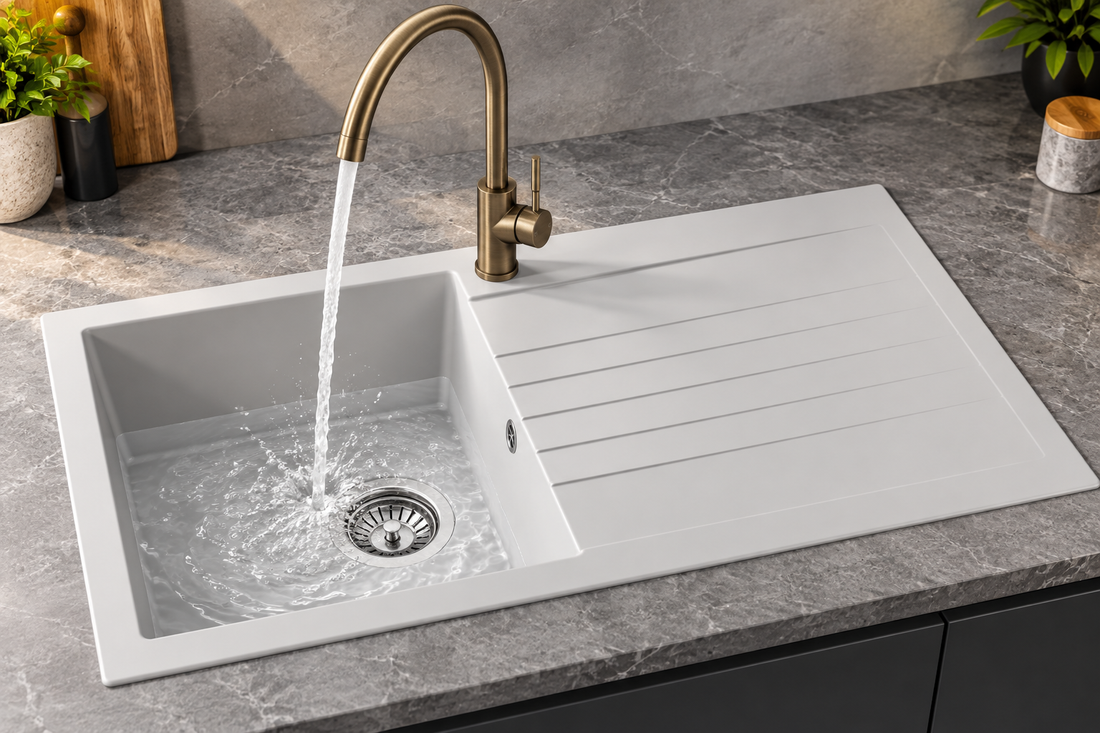 Liquida KAVL860WH 1.0 Bowl Composite Reversible White Kitchen Sink And Waste Kit