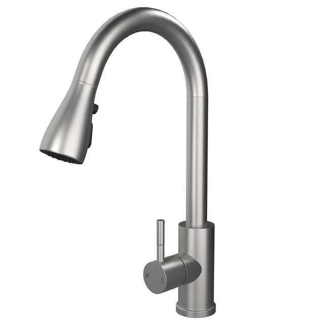 Liquida KPO11BS Brushed Steel Single Lever Kitchen Tap, Pull Out Spray - GRADED