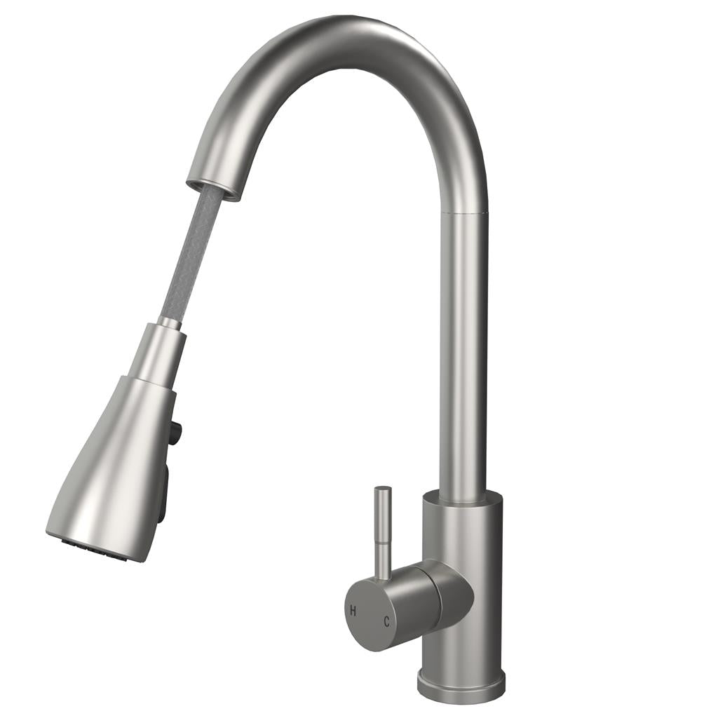 Liquida KPO11BS Brushed Steel Single Lever Kitchen Tap, Pull Out Spray - GRADED