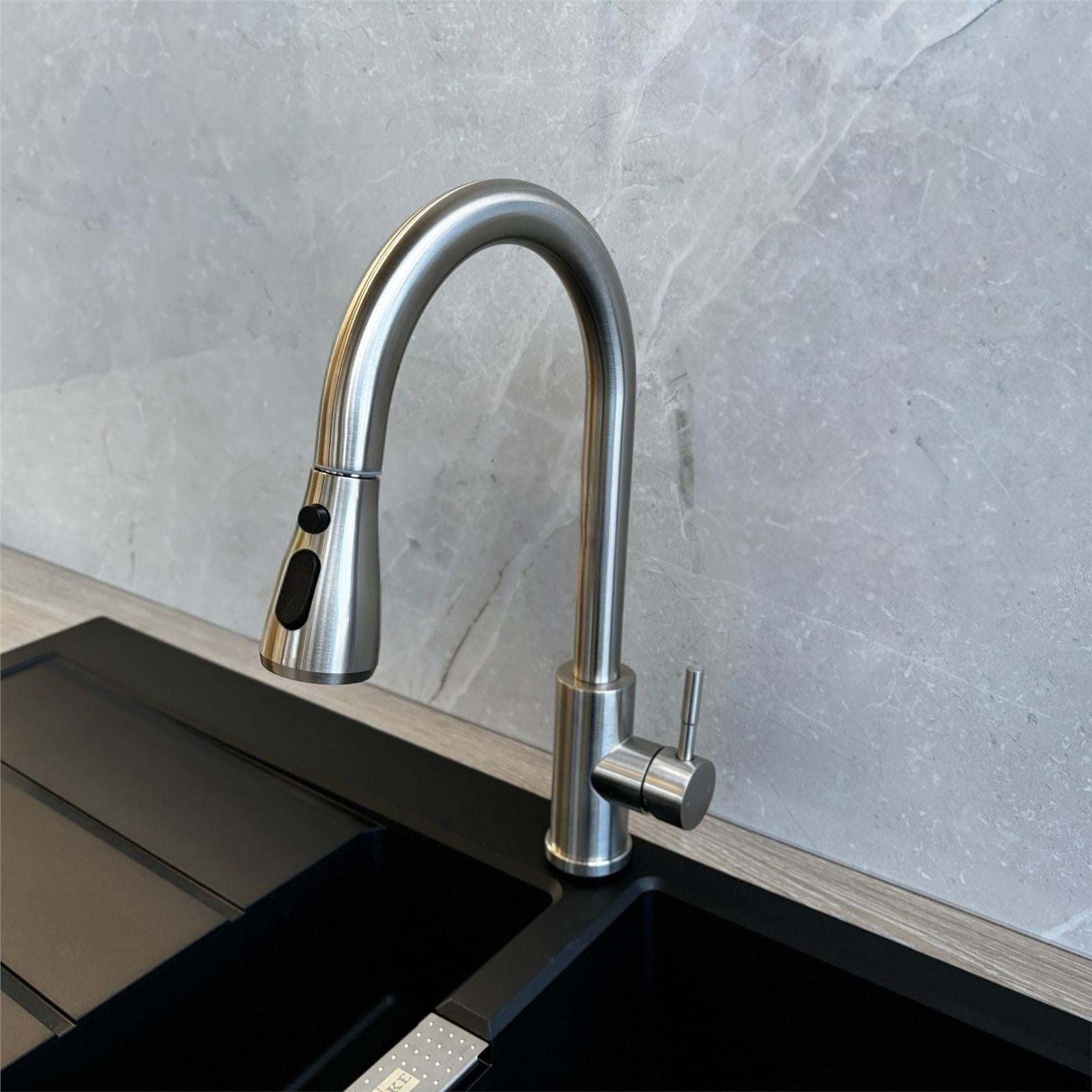 Liquida KPO11BS Brushed Steel Single Lever Kitchen Tap, Pull Out Spray - GRADED