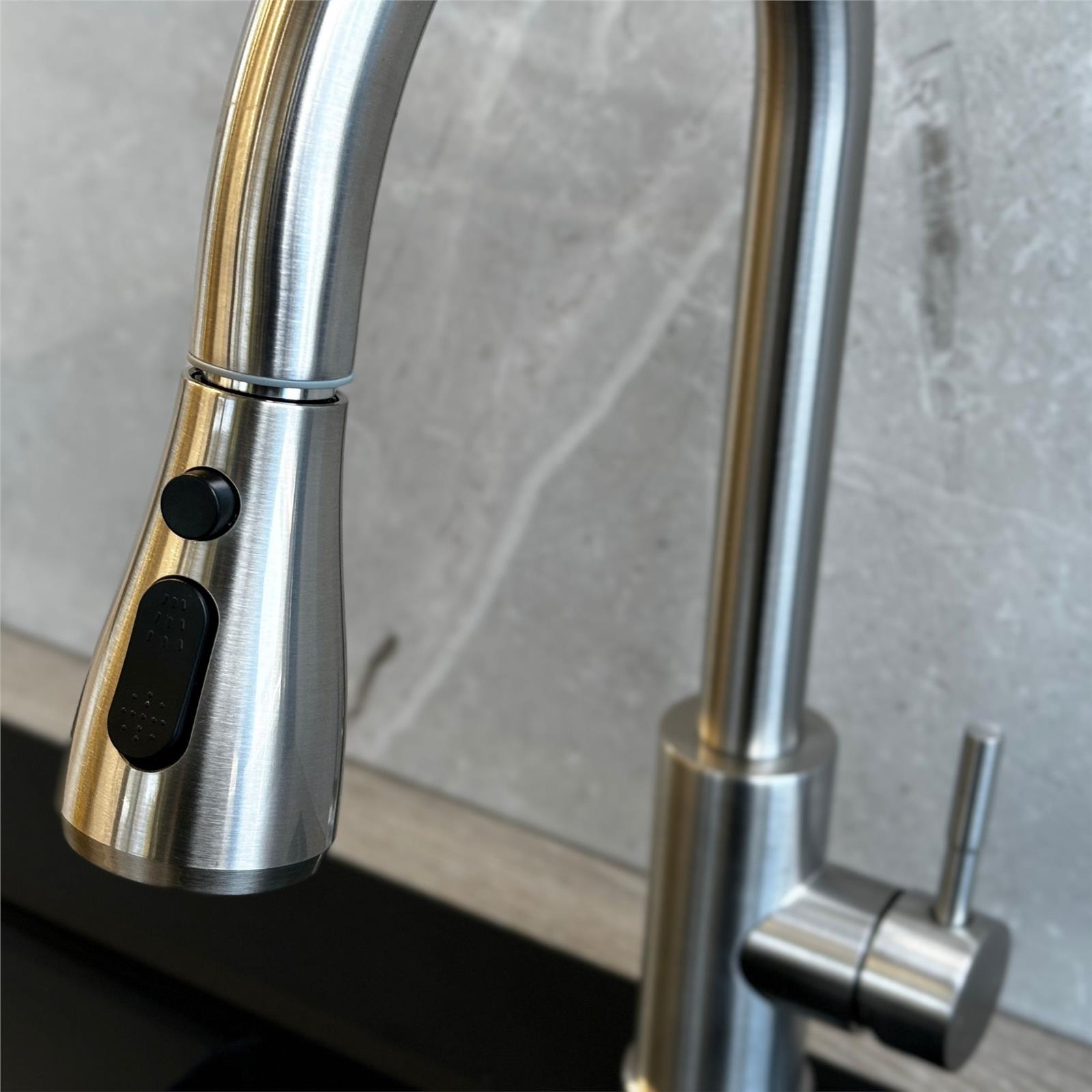 Liquida KPO11BS Brushed Steel Single Lever Kitchen Tap, Pull Out Spray - GRADED
