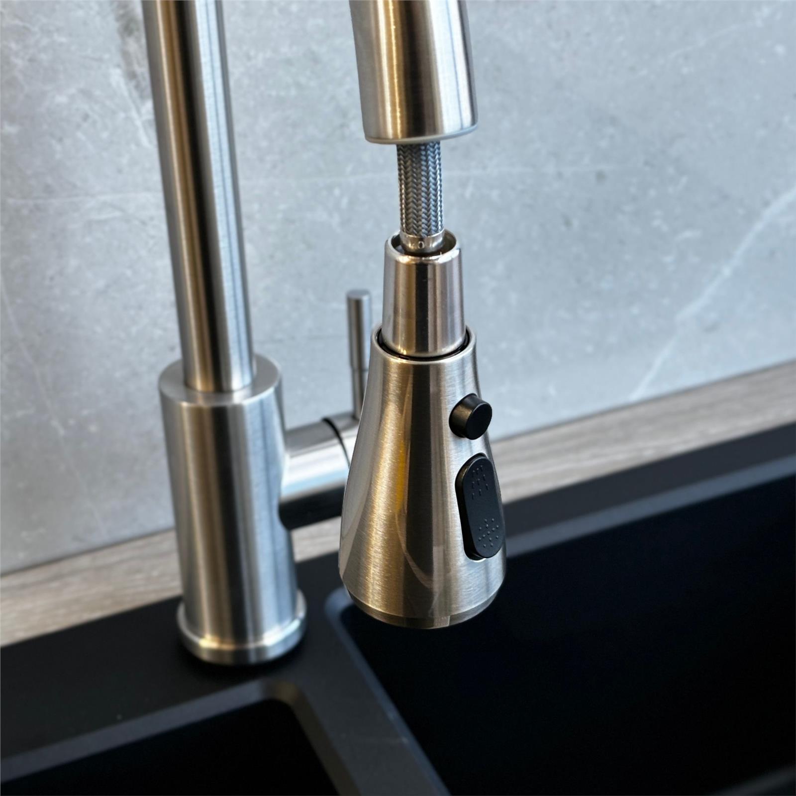 Liquida KPO11BS Brushed Steel Single Lever Kitchen Tap, Pull Out Spray - GRADED