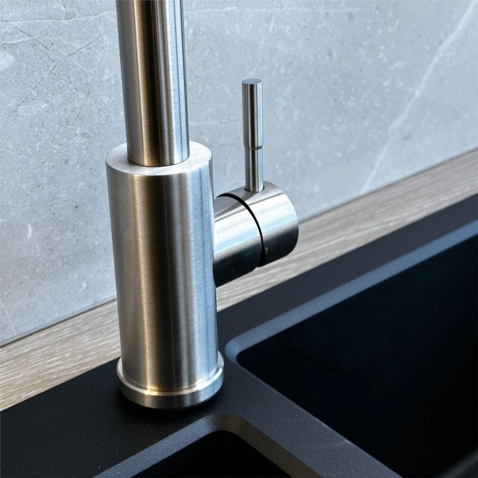 Liquida KPO11BS Brushed Steel Single Lever Kitchen Tap, Pull Out Spray - GRADED