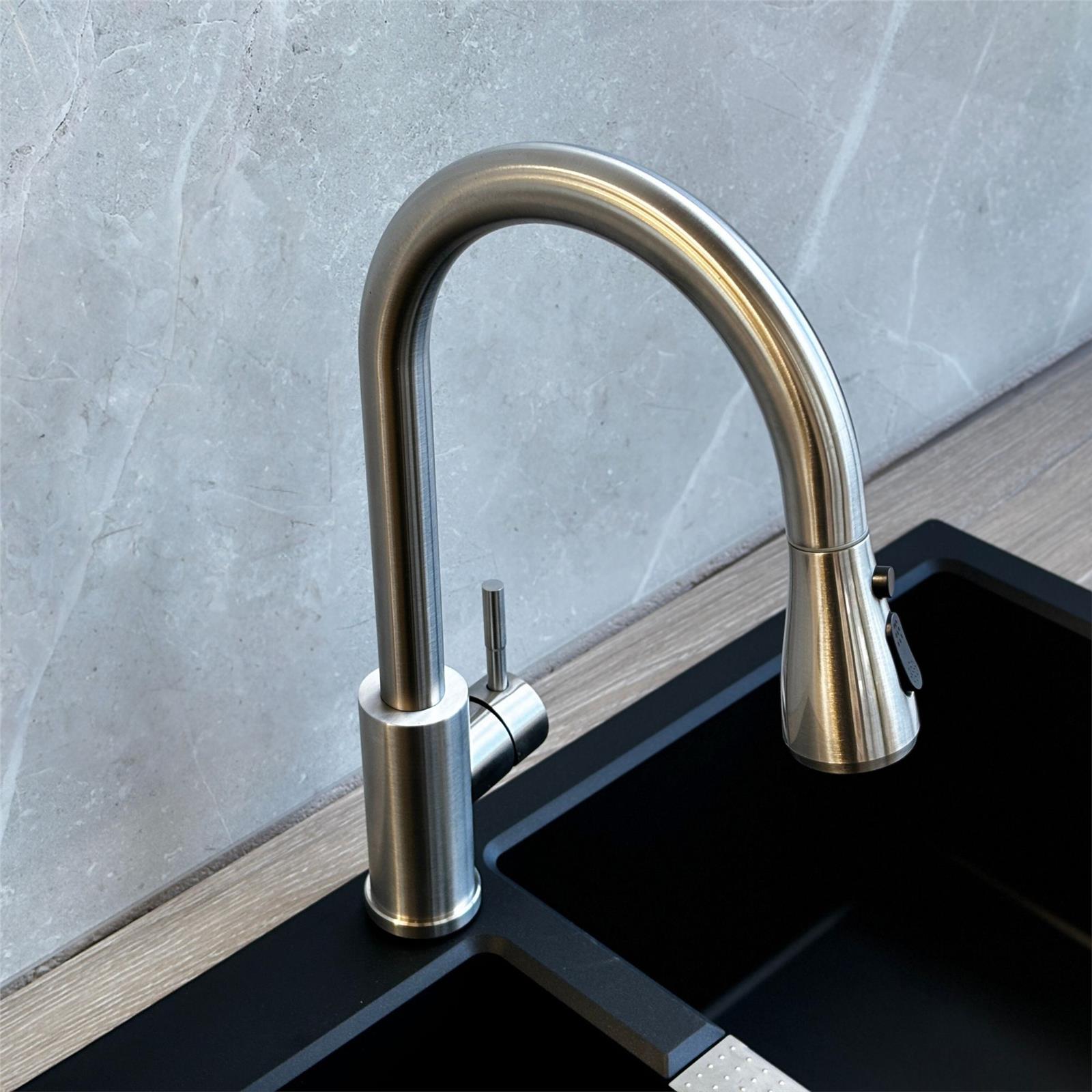 Liquida KPO11BS Brushed Steel Single Lever Kitchen Tap, Pull Out Spray - GRADED