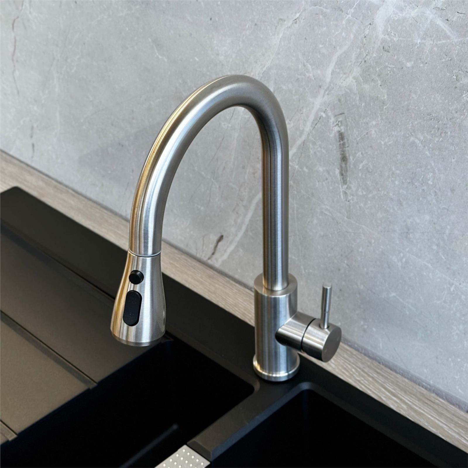 Liquida KPO11BS Brushed Steel Single Lever Kitchen Tap, Pull Out Spray - GRADED