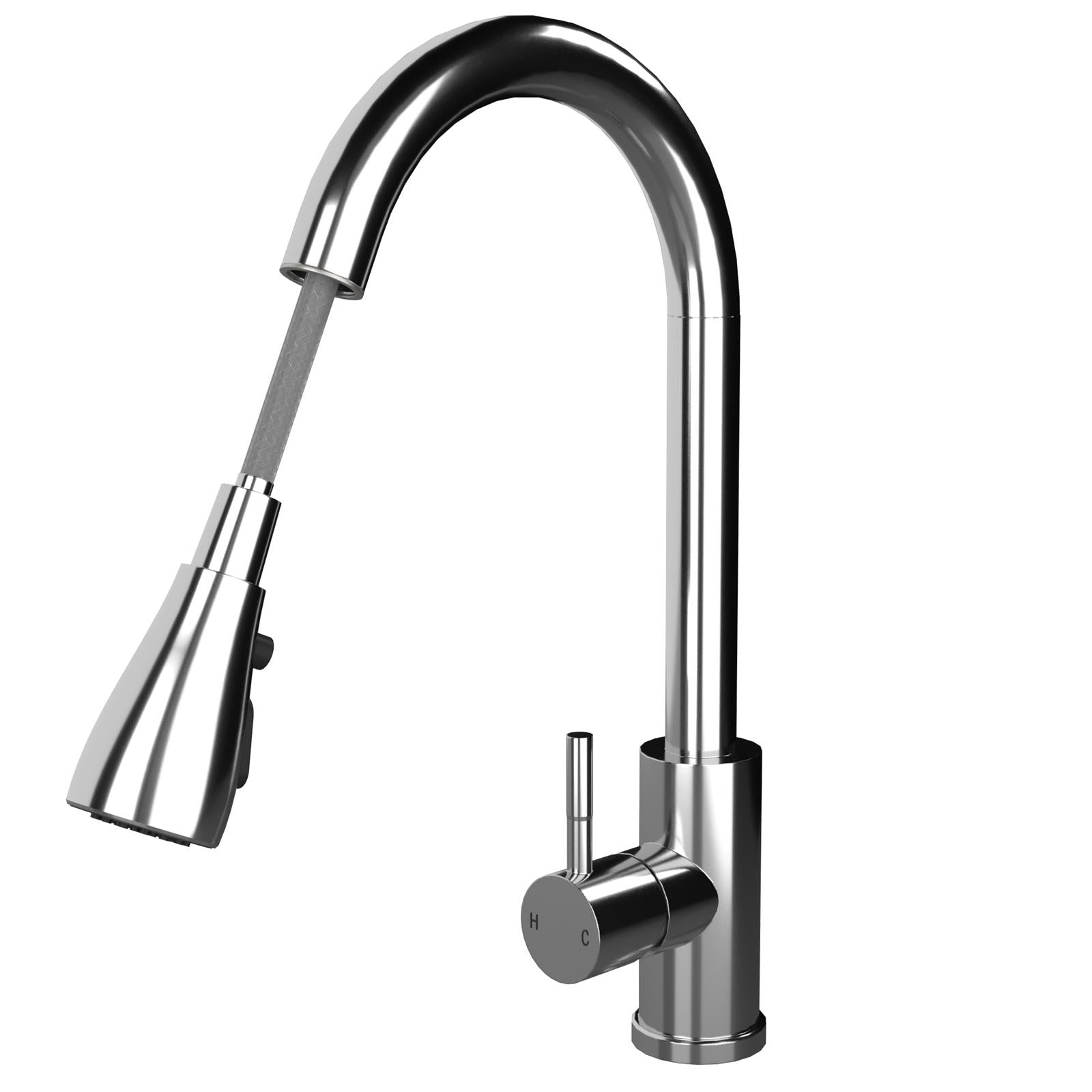 Liquida black composite 1.5 bowl kitchen sink with reversible drainer and chrome pull out spray tap angled view
