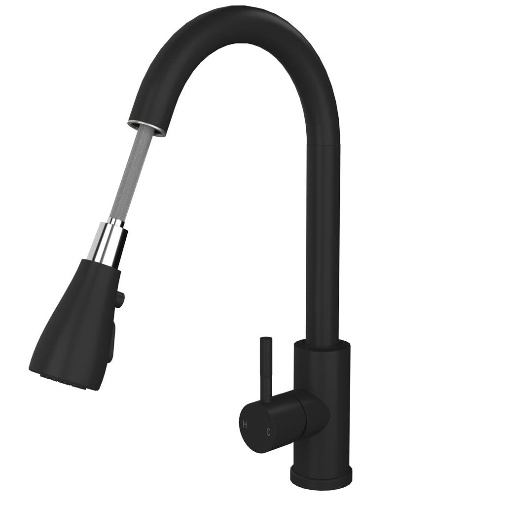 Liquida KPO11MB Matt Black Single Lever Kitchen Tap With Pull Out Spray - GRADED