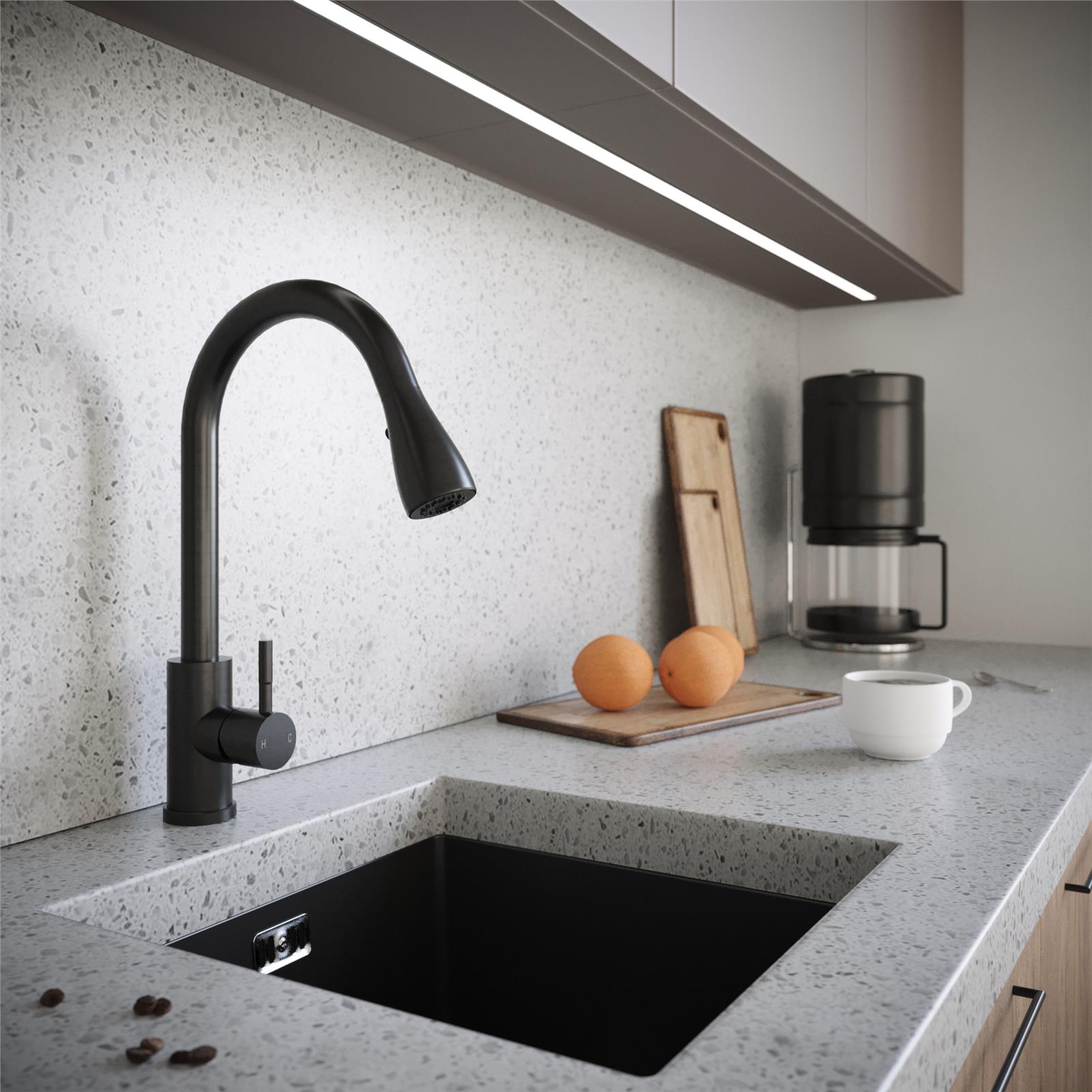Liquida CMP5BL 1.0 Bowl Black Kitchen Sink With KPO11MB Black Pull Out Tap