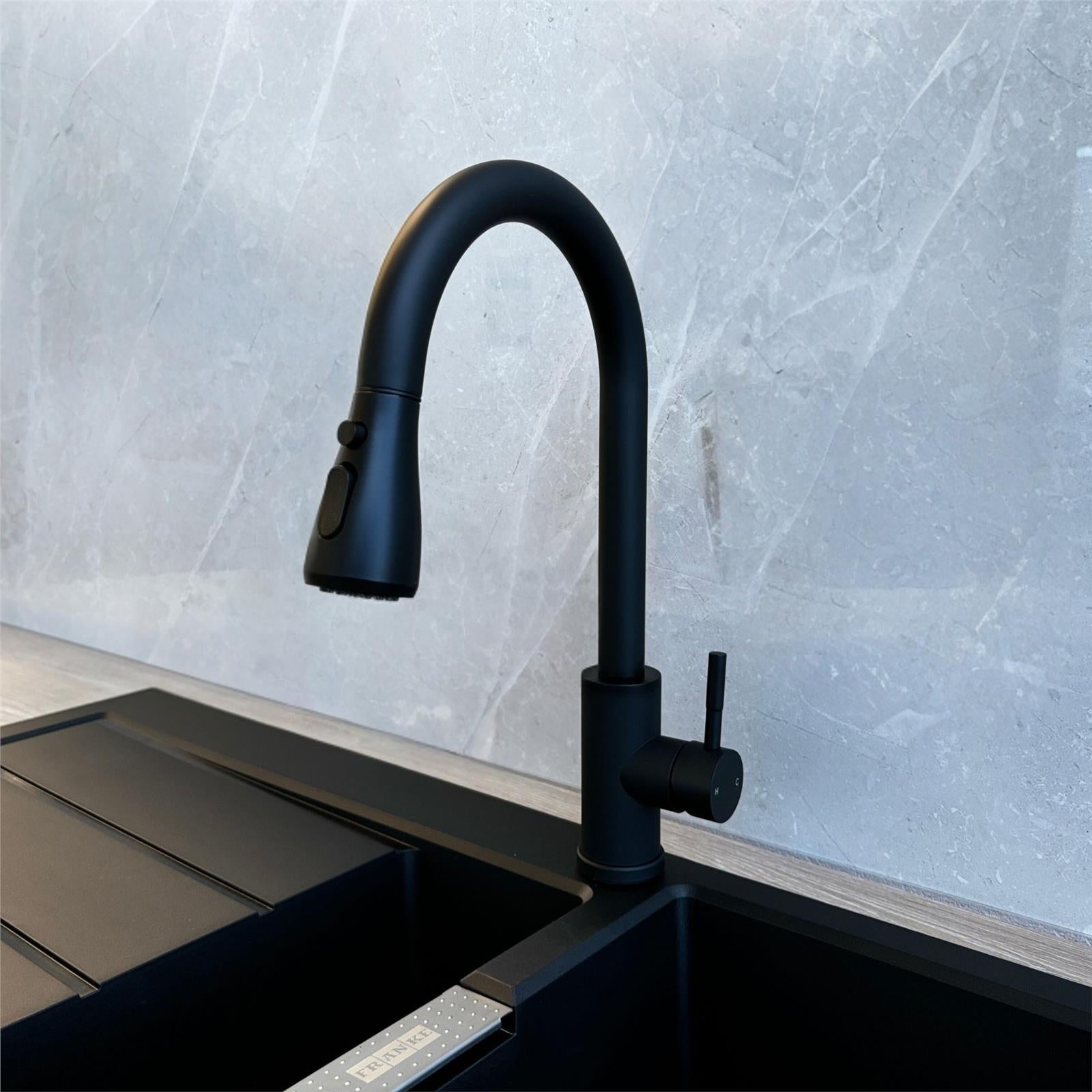 Liquida KPO11MB Single Lever Matt Black Kitchen Tap With Pull Out Spray - GRADED
