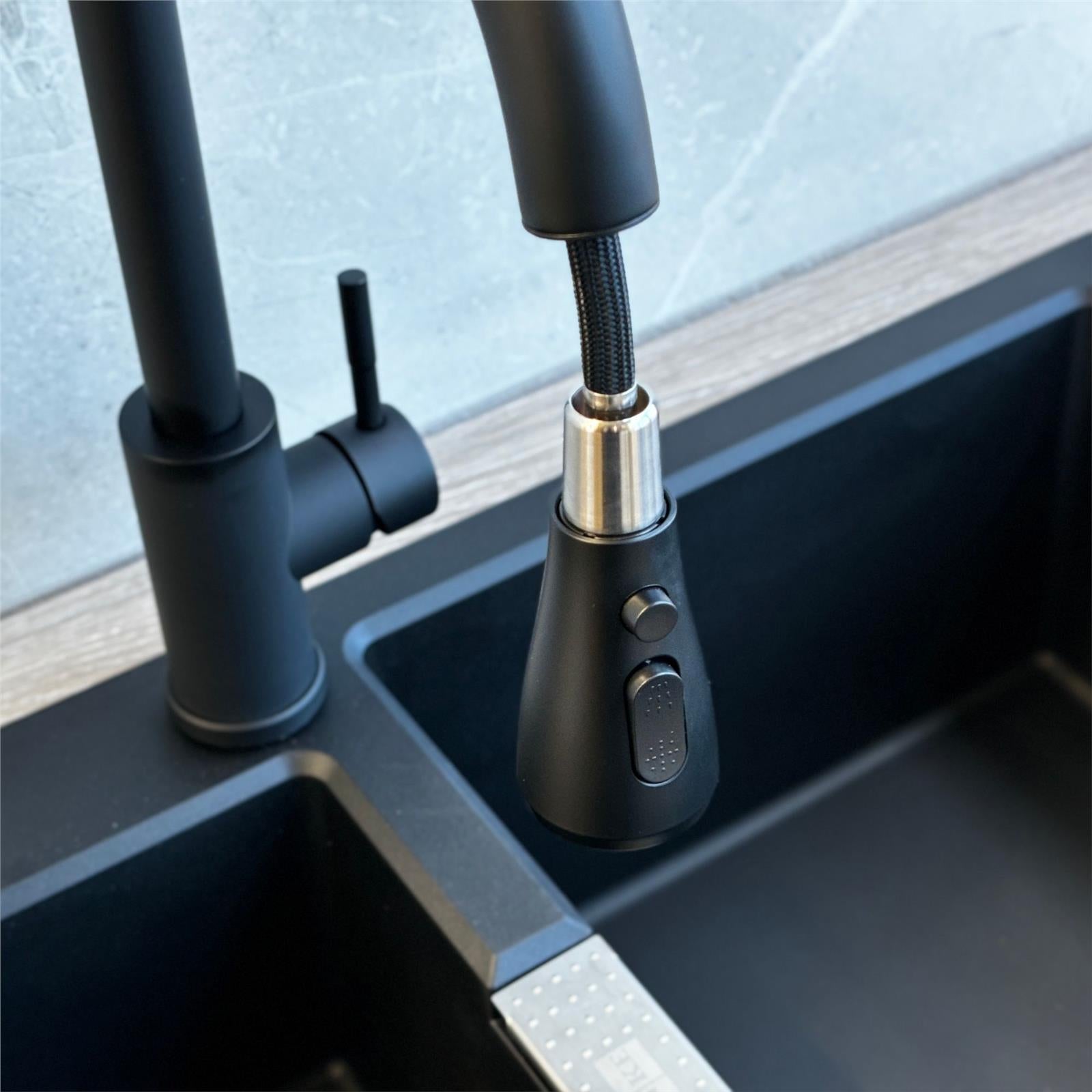 Liquida KPO11MB Matt Black Single Lever Kitchen Tap With Pull Out Spray - GRADED