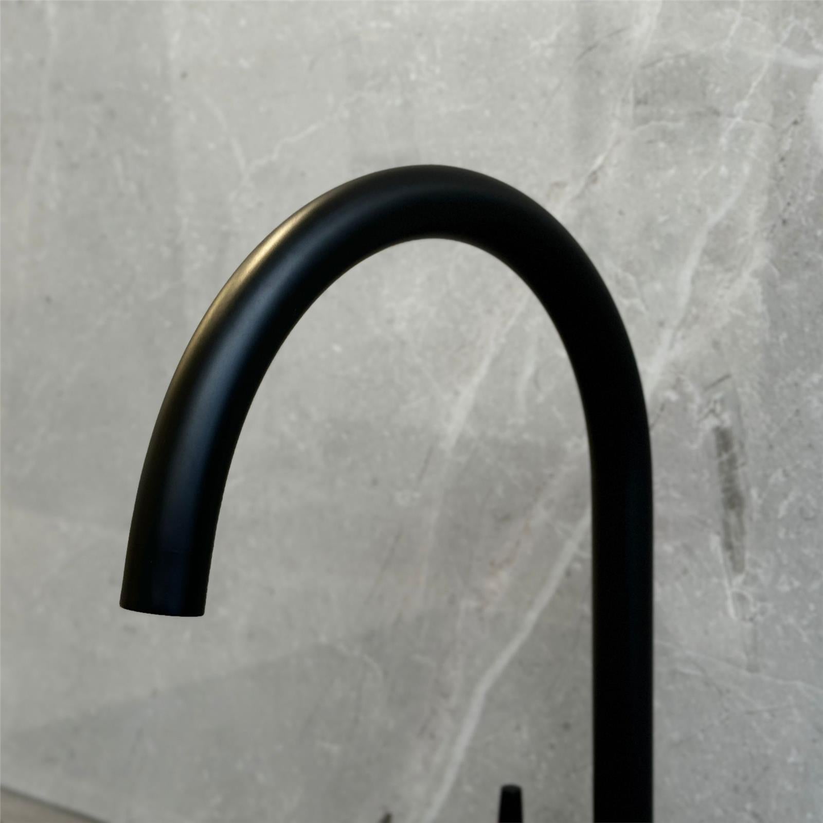 Liquida LB01BL Swan Neck Twin Lever Brushed Steel and Black Kitchen Tap