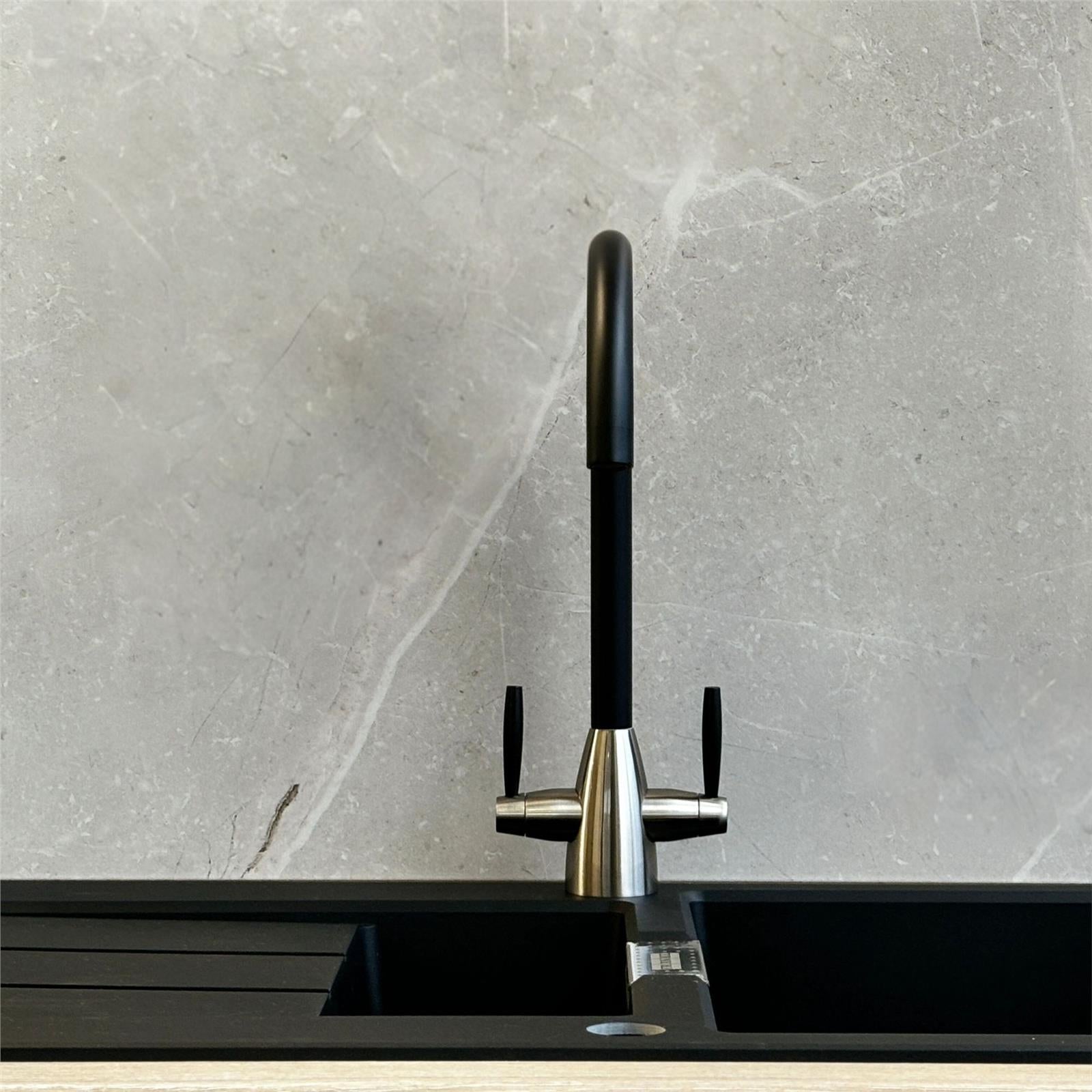 Liquida LB01BL Swan Neck Twin Lever Brushed Steel and Black Kitchen Tap