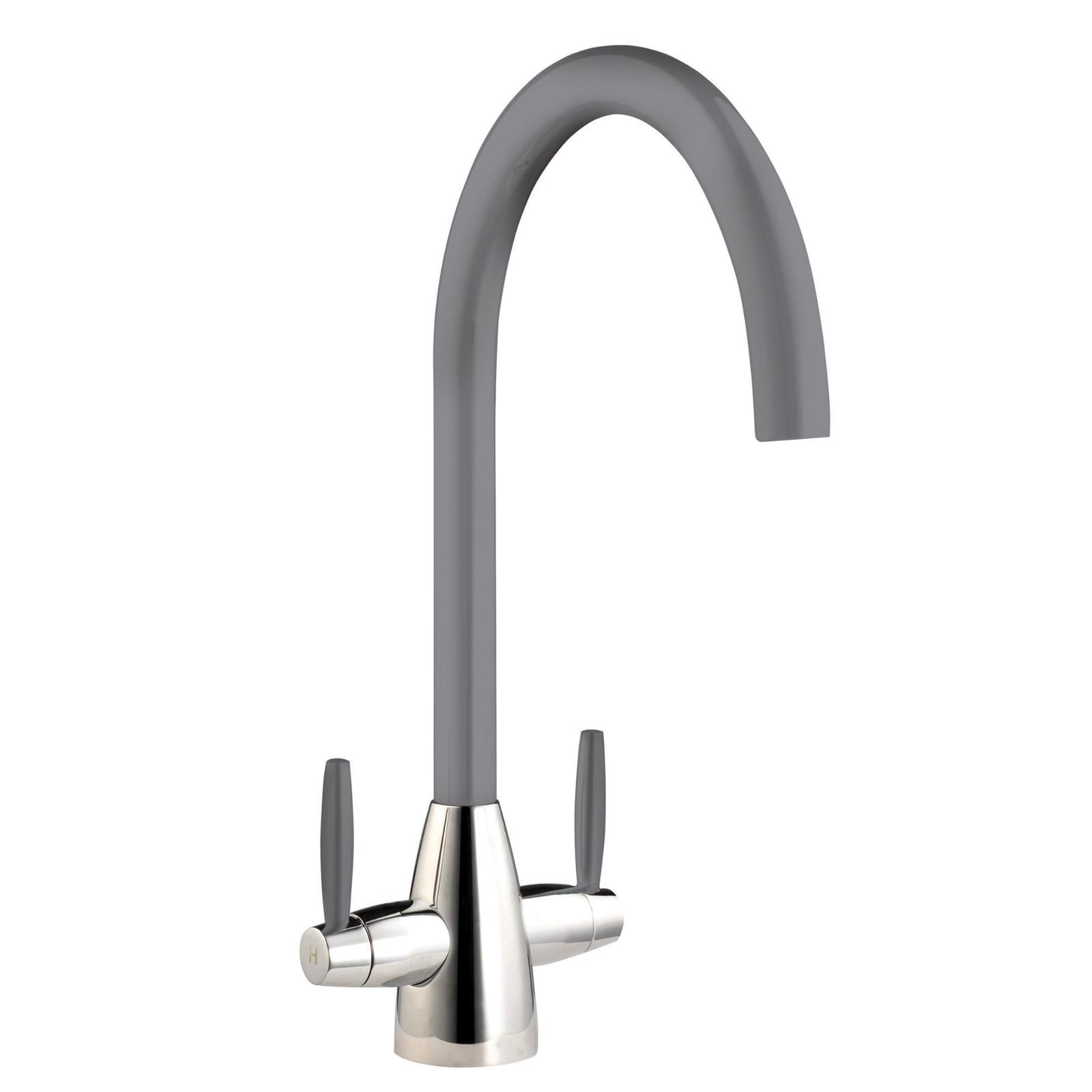 Liquida LB01GM Swan Neck Twin Lever Brushed Steel & Gun Metal Kitchen Mixer Tap