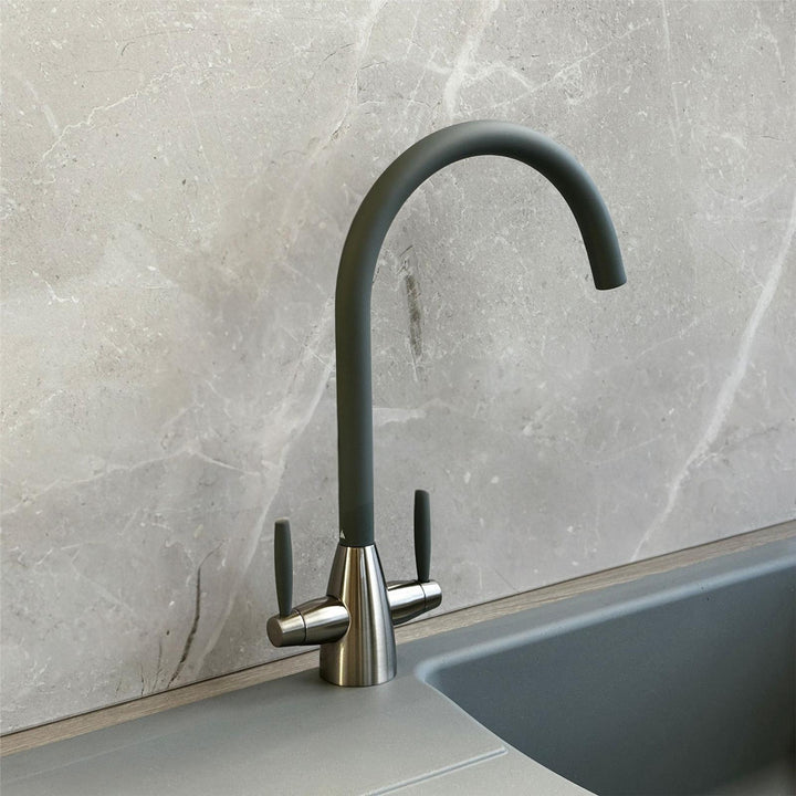 Liquida LB01GM Swan Neck Twin Lever Brushed Steel & Gun Metal Kitchen Mixer Tap