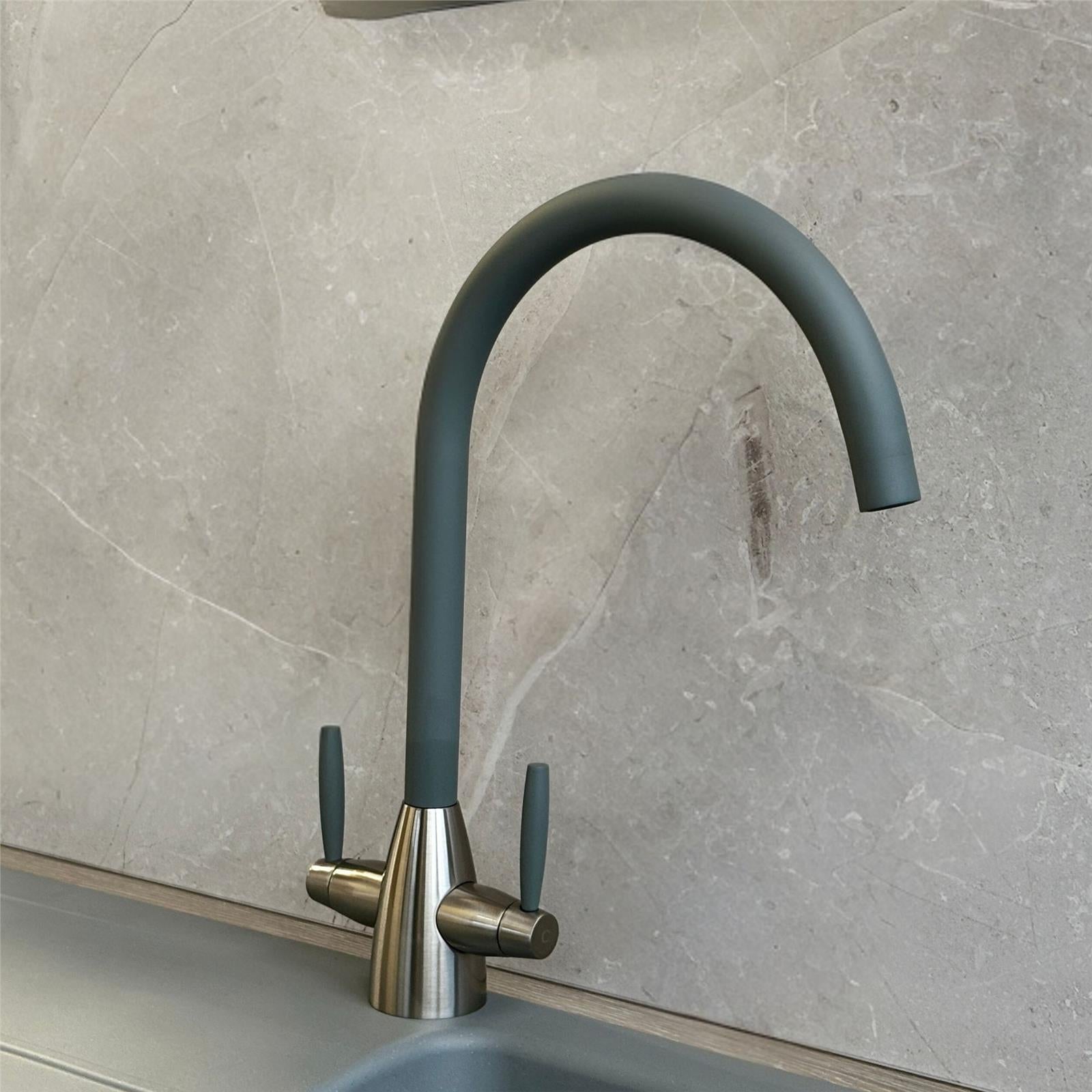 Liquida LB01GM Swan Neck Twin Lever Brushed Steel & Gun Metal Kitchen Mixer Tap