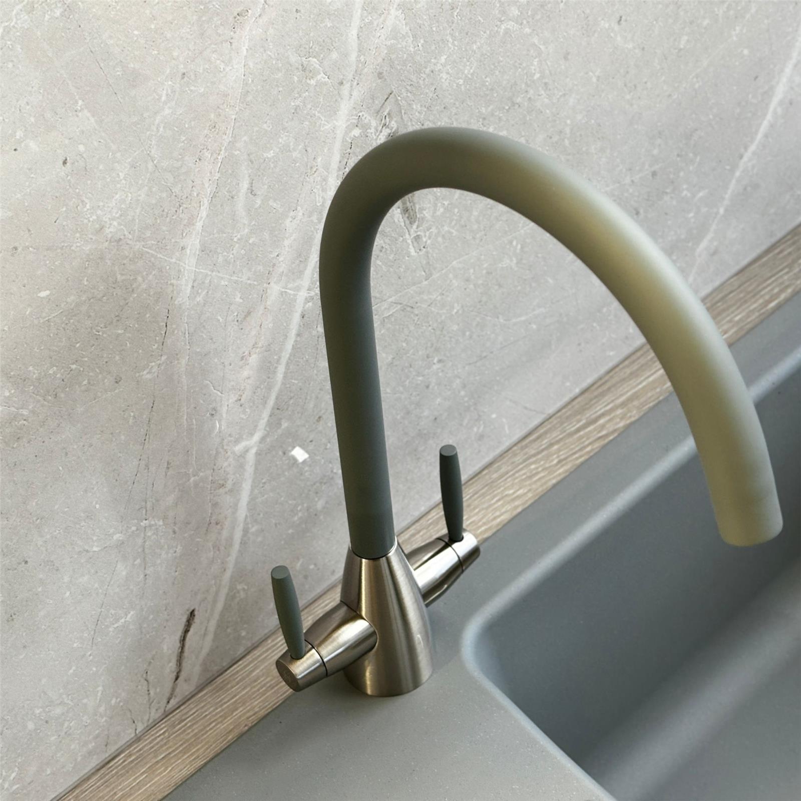 Liquida LB01GM Swan Neck Twin Lever Brushed Steel & Gun Metal Kitchen Mixer Tap