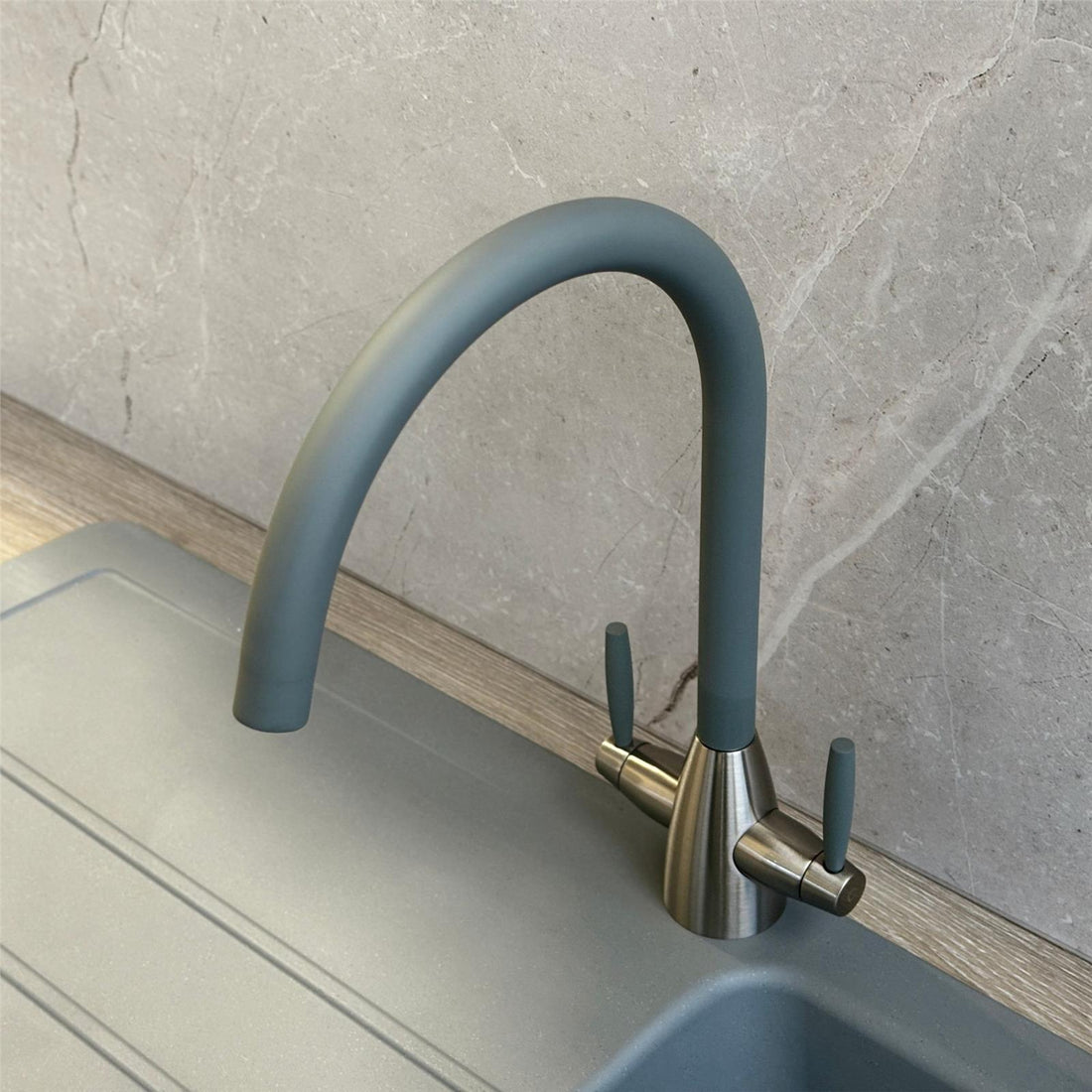 Liquida LB01GR Swan Neck Twin Lever Brushed Steel and Grey Kitchen Tap