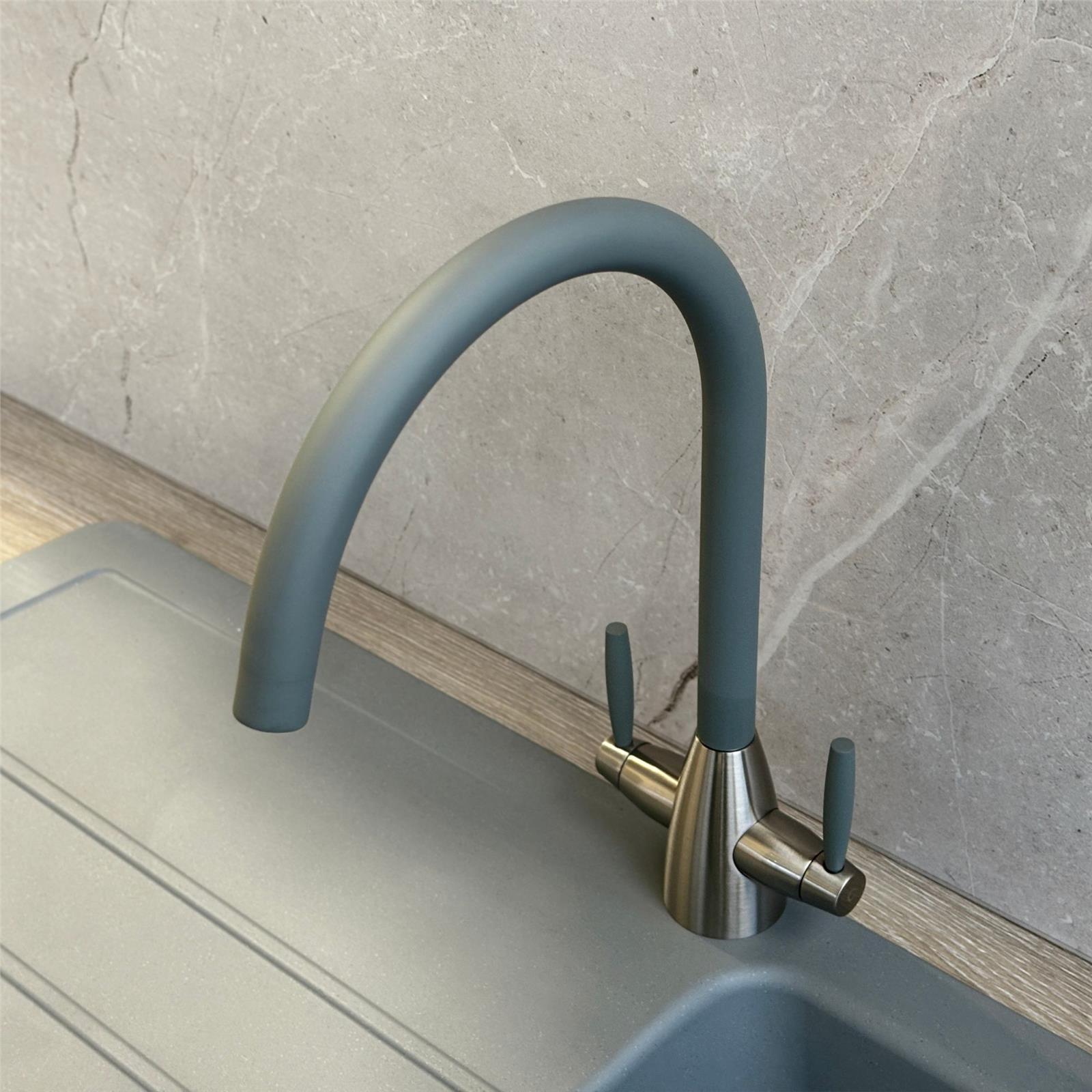 Liquida LB01GM Swan Neck Twin Lever Brushed Steel & Gun Metal Kitchen Mixer Tap