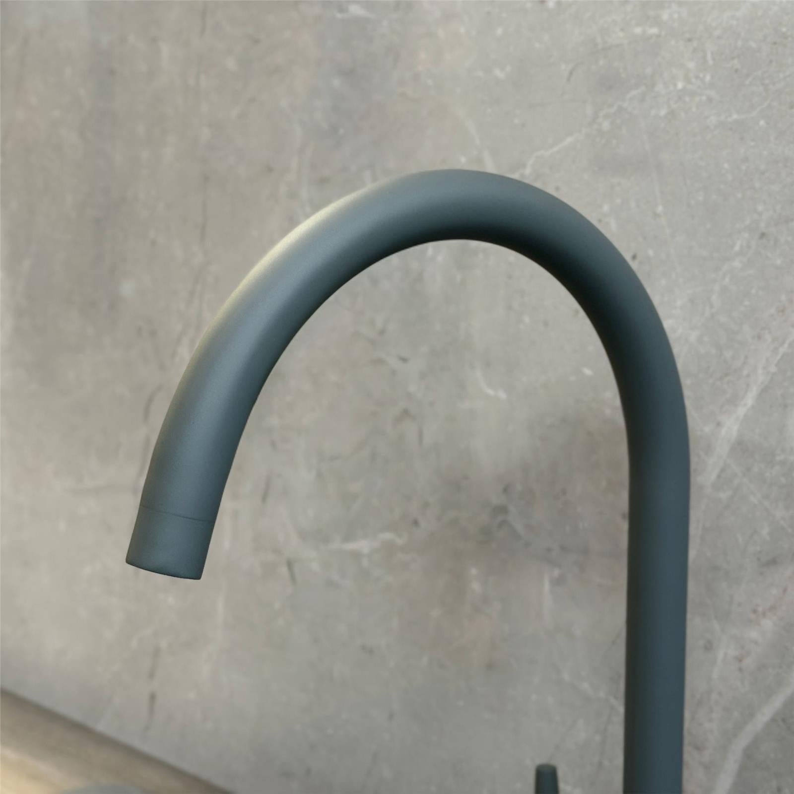 Liquida LB01GR Swan Neck Twin Lever Brushed Steel and Grey Kitchen Tap