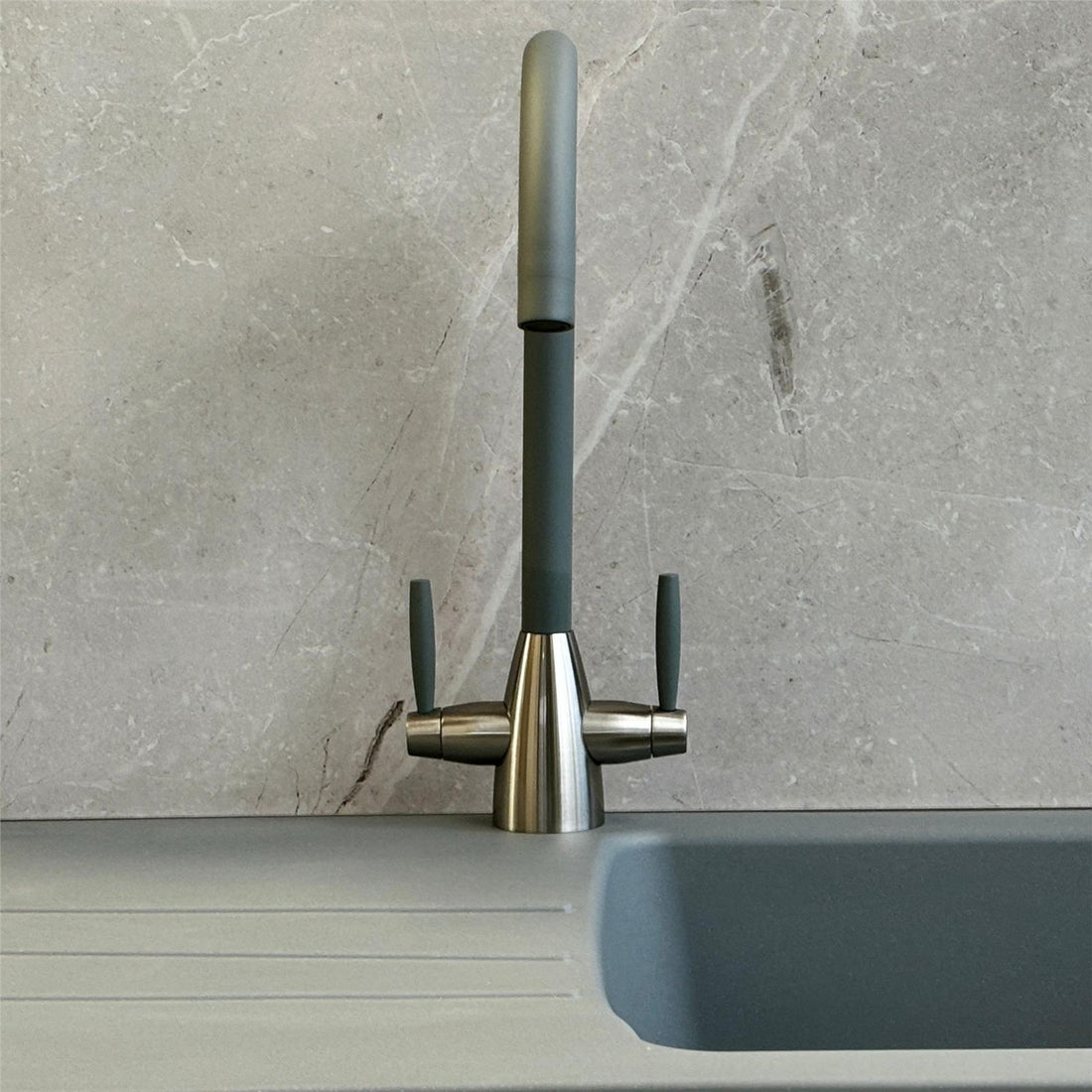 Liquida LB01GR Swan Neck Twin Lever Brushed Steel and Grey Kitchen Tap
