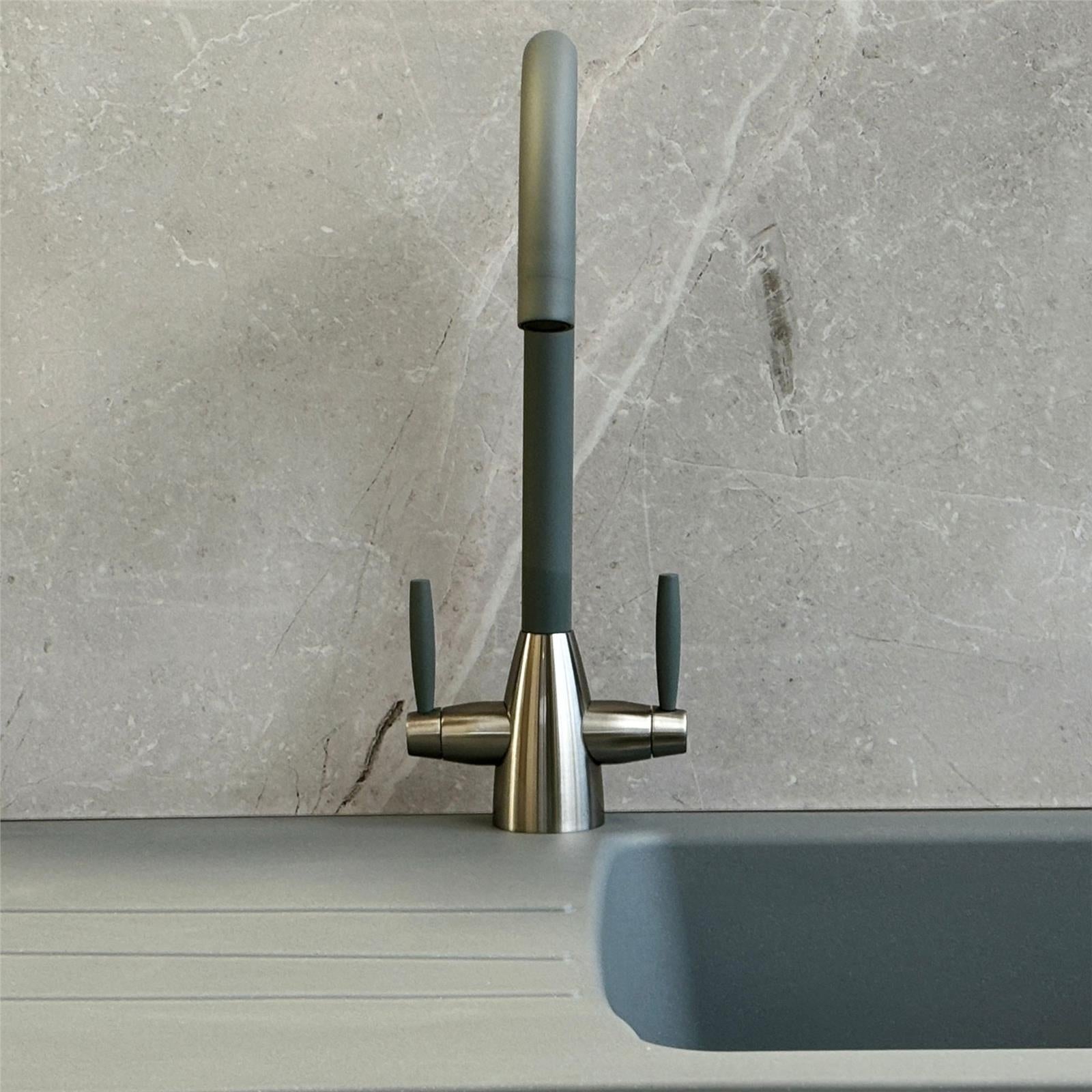 Liquida LB01GM Swan Neck Twin Lever Brushed Steel & Gun Metal Kitchen Mixer Tap