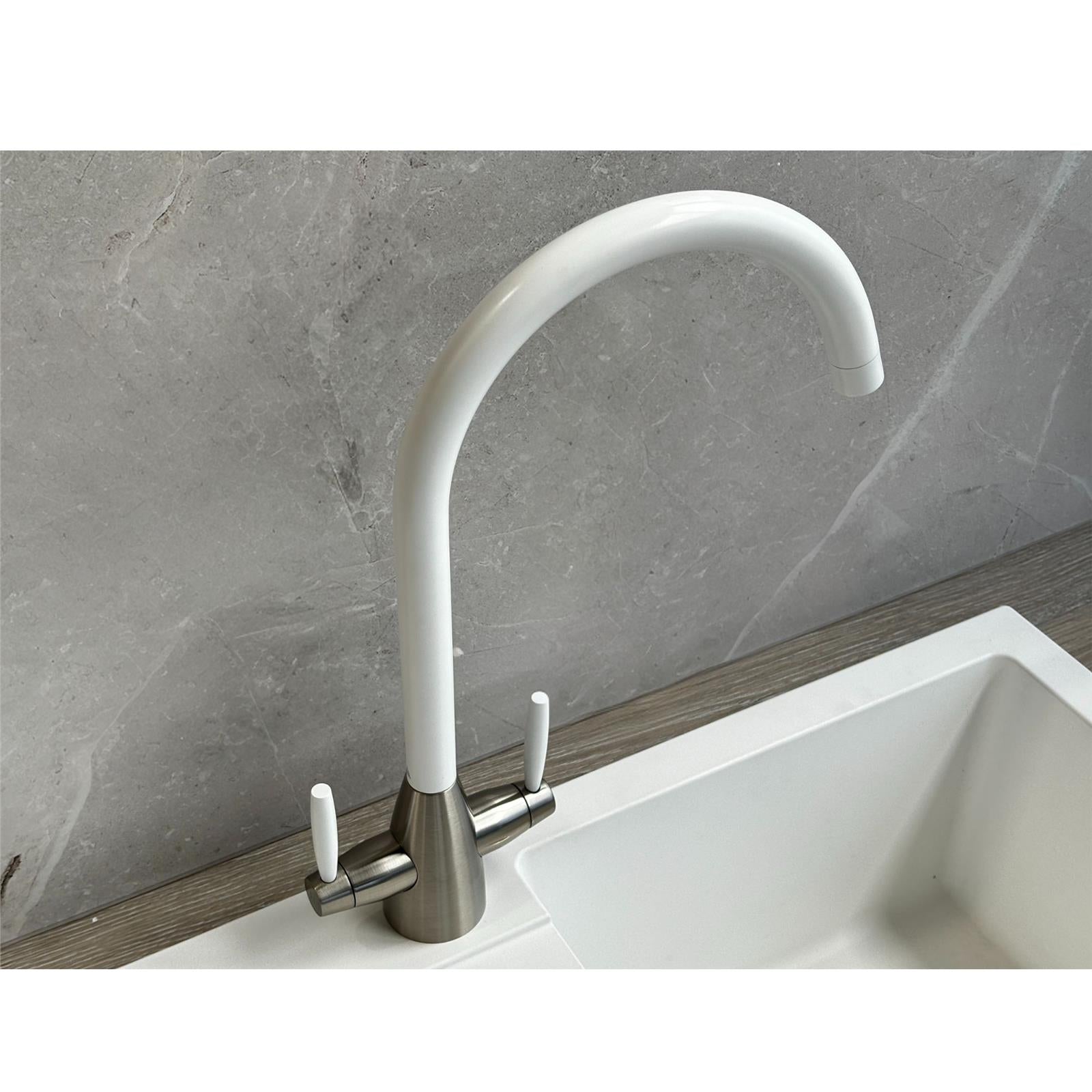 Liquida LB01WH Swan Neck Twin Lever Brushed Steel and White Kitchen Tap