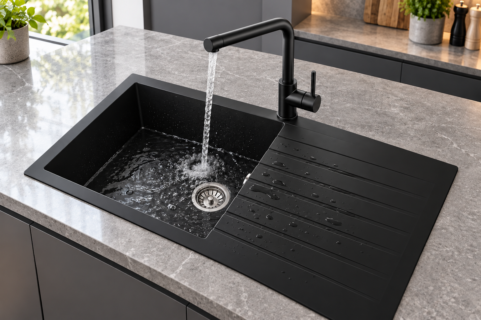 Liquida LBN860BL 1.0 Bowl Black Granite Reversible Kitchen Sink With Waste