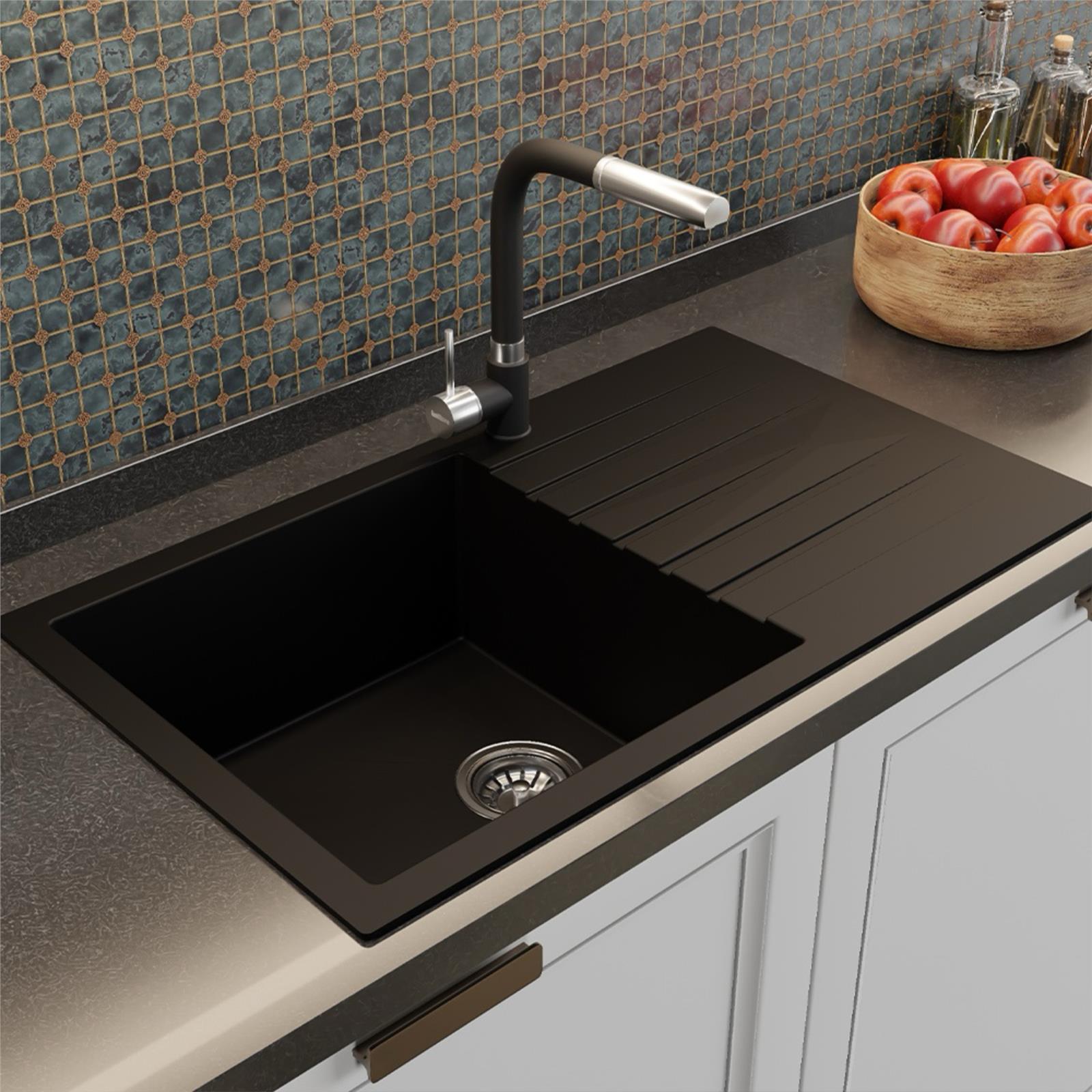 Liquida LBN860BL 1.0 Bowl Black Granite Reversible Kitchen Sink With Waste