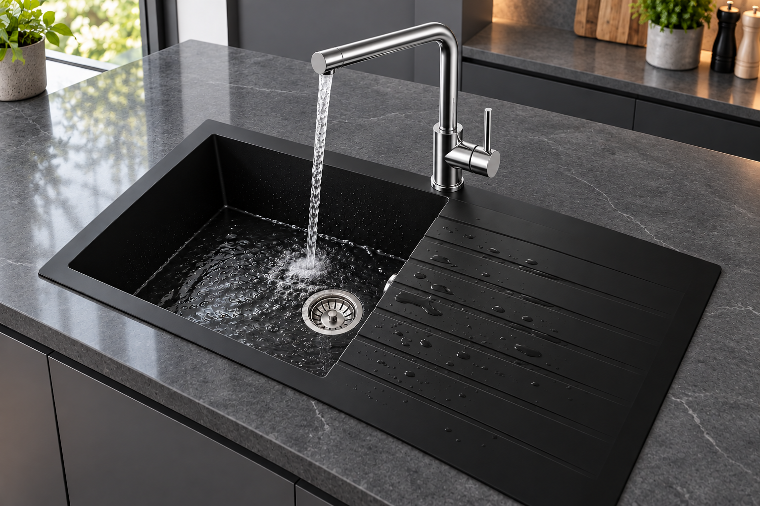 Liquida LBN860BL 1.0 Bowl Black Granite Reversible Kitchen Sink With Waste